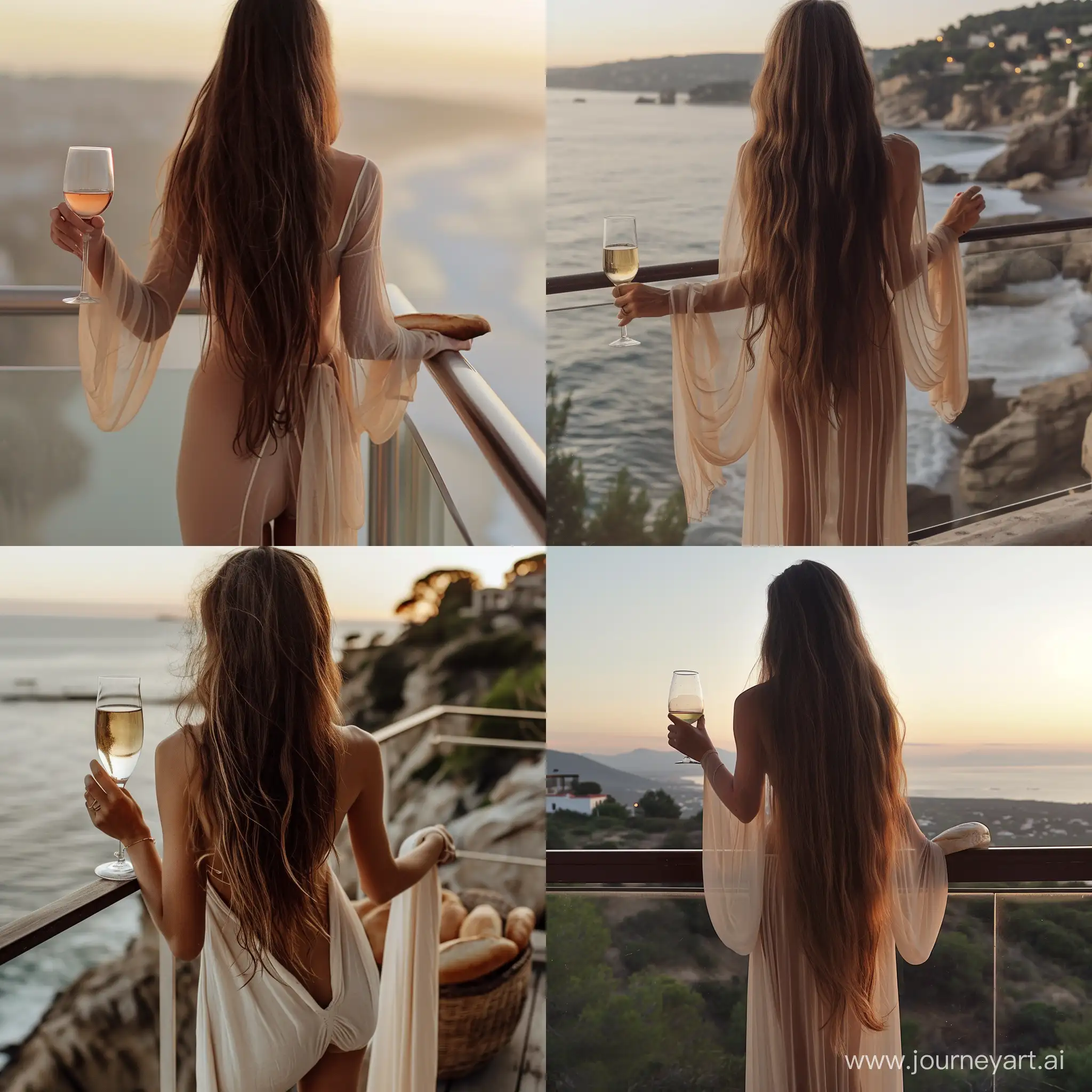 Hour glass physique, model that doesn’t exist in real life, standing on a balcony holding a glass of wine, Pinterest, aestheticism, long thin brown hair, beach aesthetic, long elegant thin and simple white bread, light half opened dress, close up to a skinny, view from behind, dressed with long fluent clothes, early morning