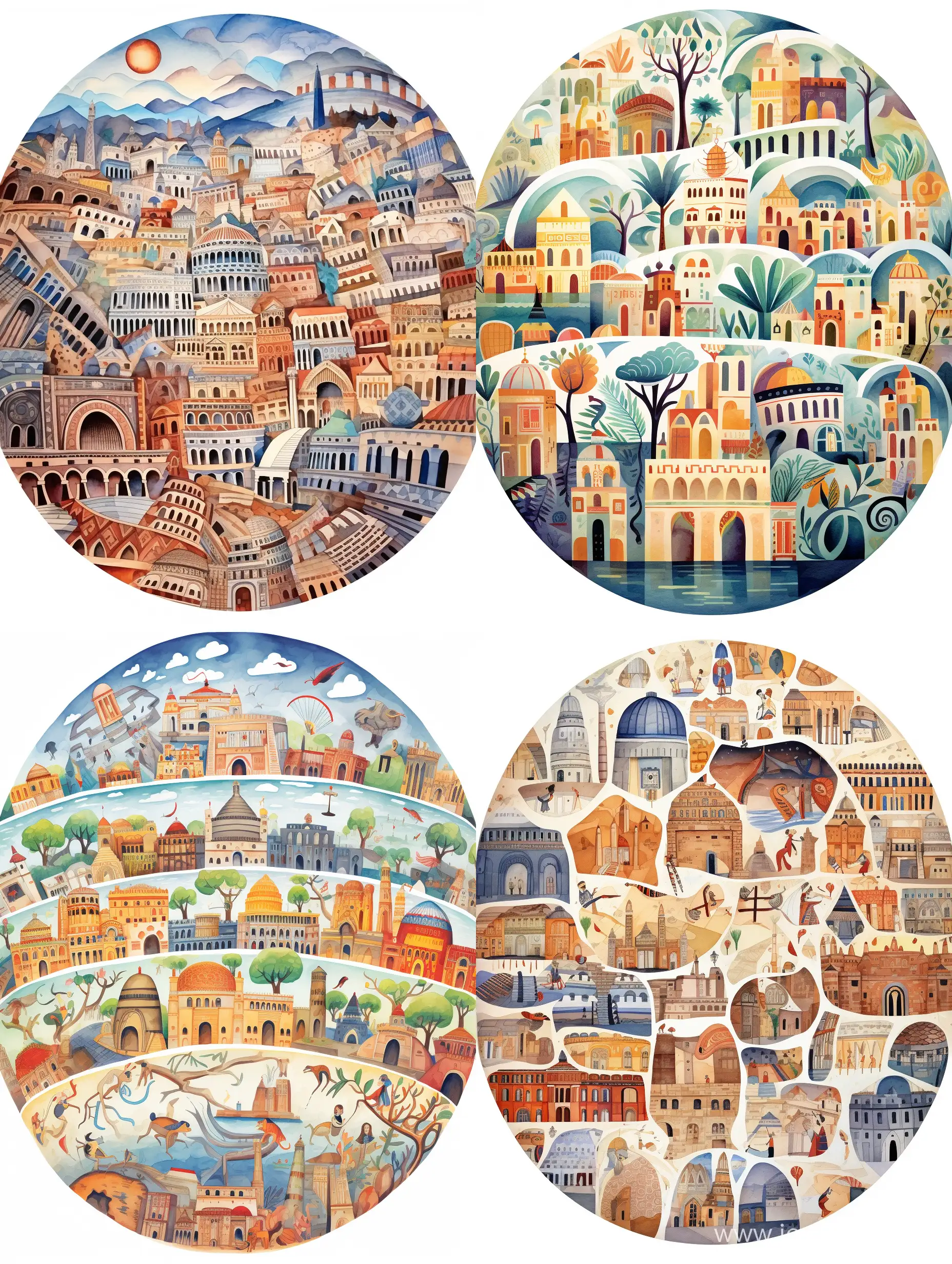 Oval pattern of ancient cities: Chinese, Aztec, Egyptian, Roman, fabulous illustration, stylized caricature, Victor Gai, watercolor, decorative, flat drawing.