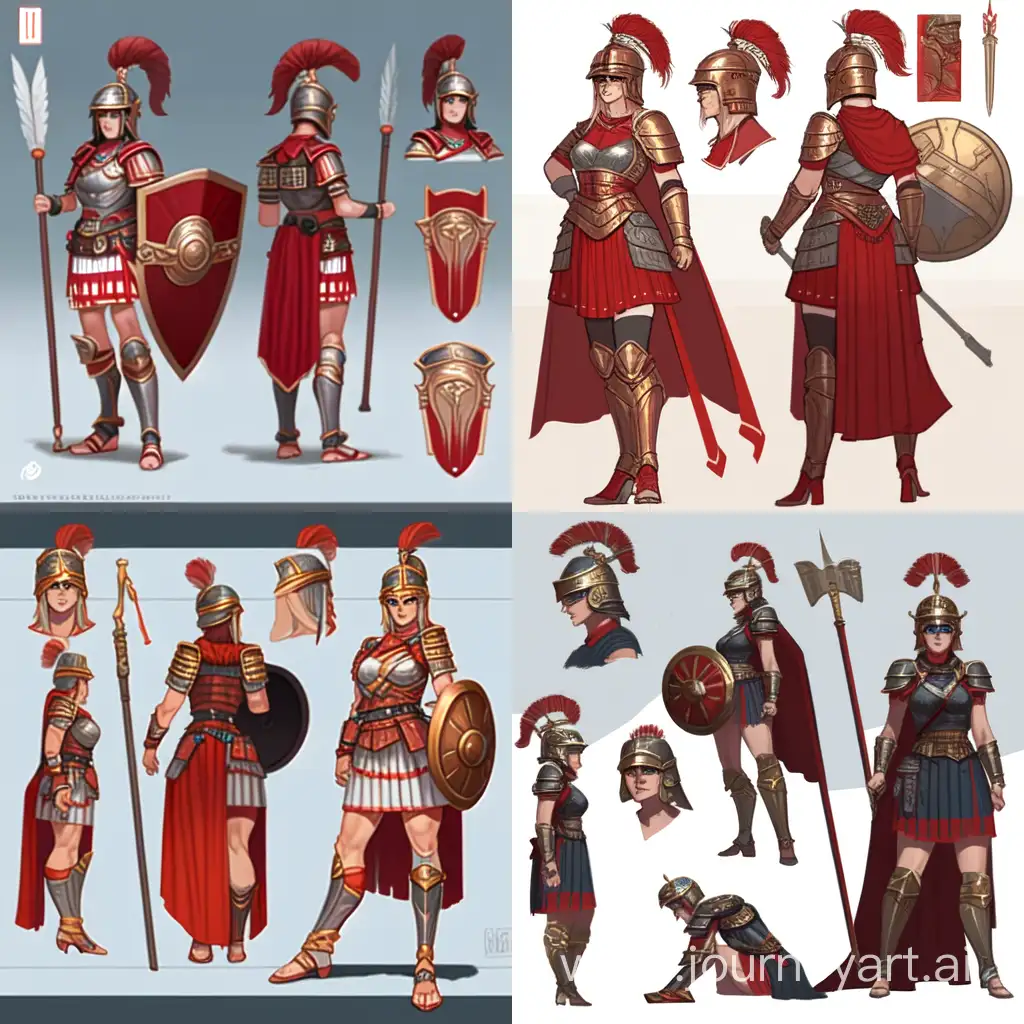 female centurion, ancient roman legioner, anime girl, niji, full body concept art, multiple poses, pose reference, concept art female character, character design, sketch, illustration, professional artwork, brushwork, high resolution, high quality painting, props and faces expressions, professional character design, realistic style, full body turnaround