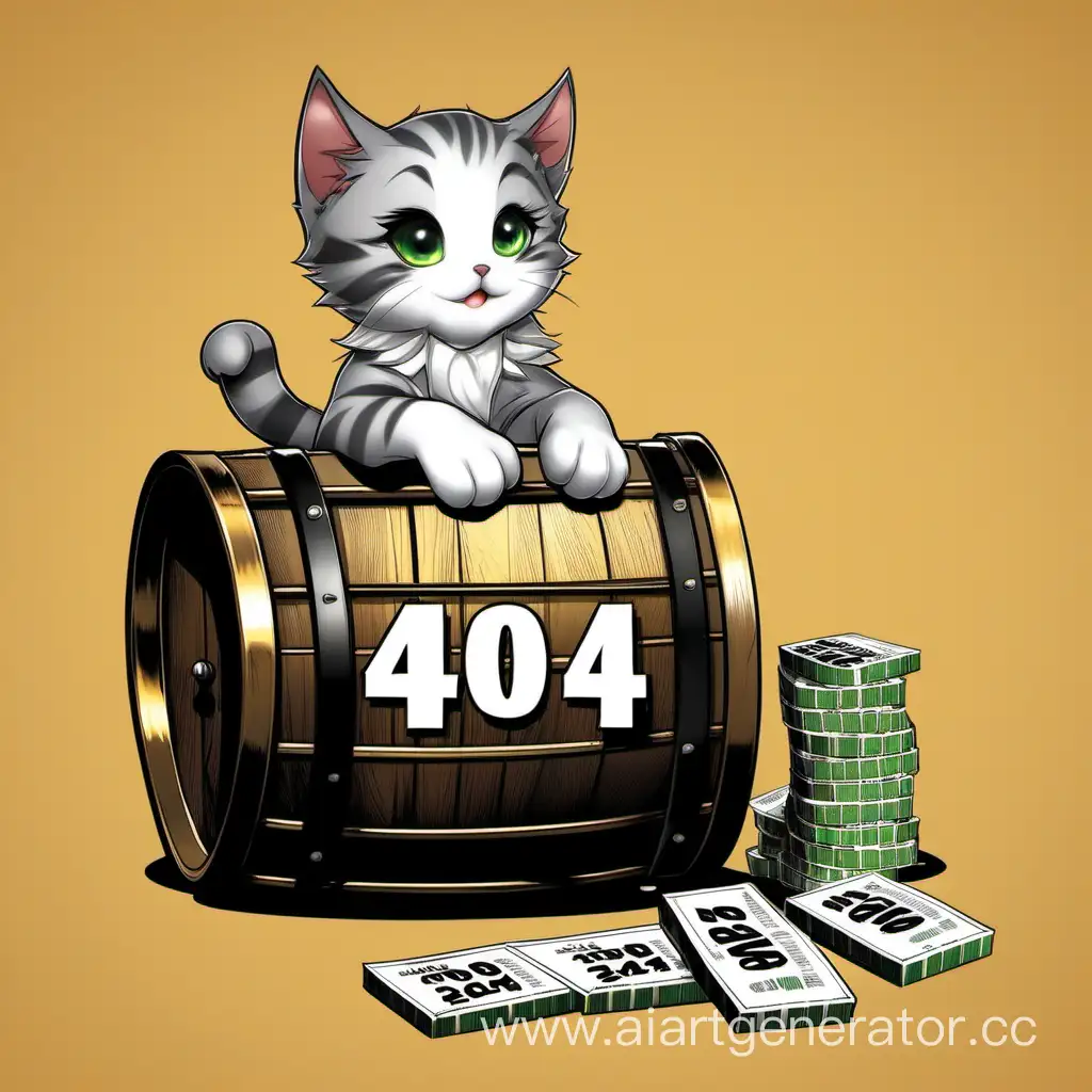 Котенок сидящий держащий в лапах лотерейные билеты и сидящий на повернутый вперед боченок. на боченке написано 404
