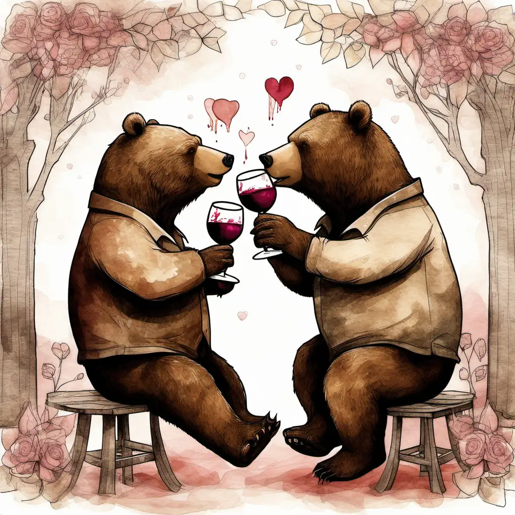 Two bears romantically drinking wine