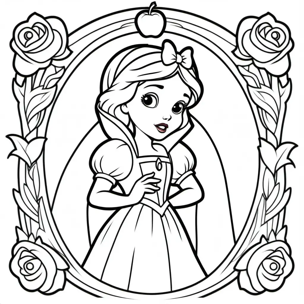 snow white coloring page for kid, simple, no shading, no color, no background
