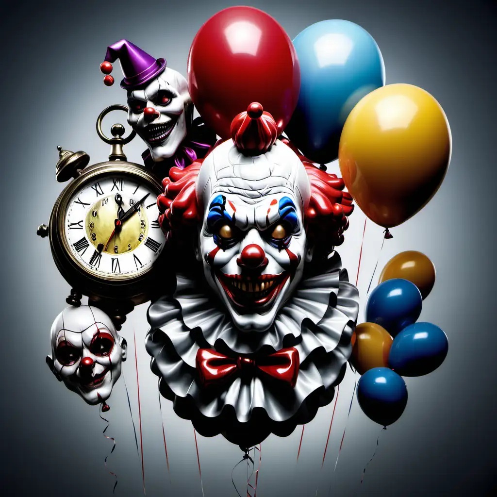 Whimsical Clown with Skull Balloons and Clocks
