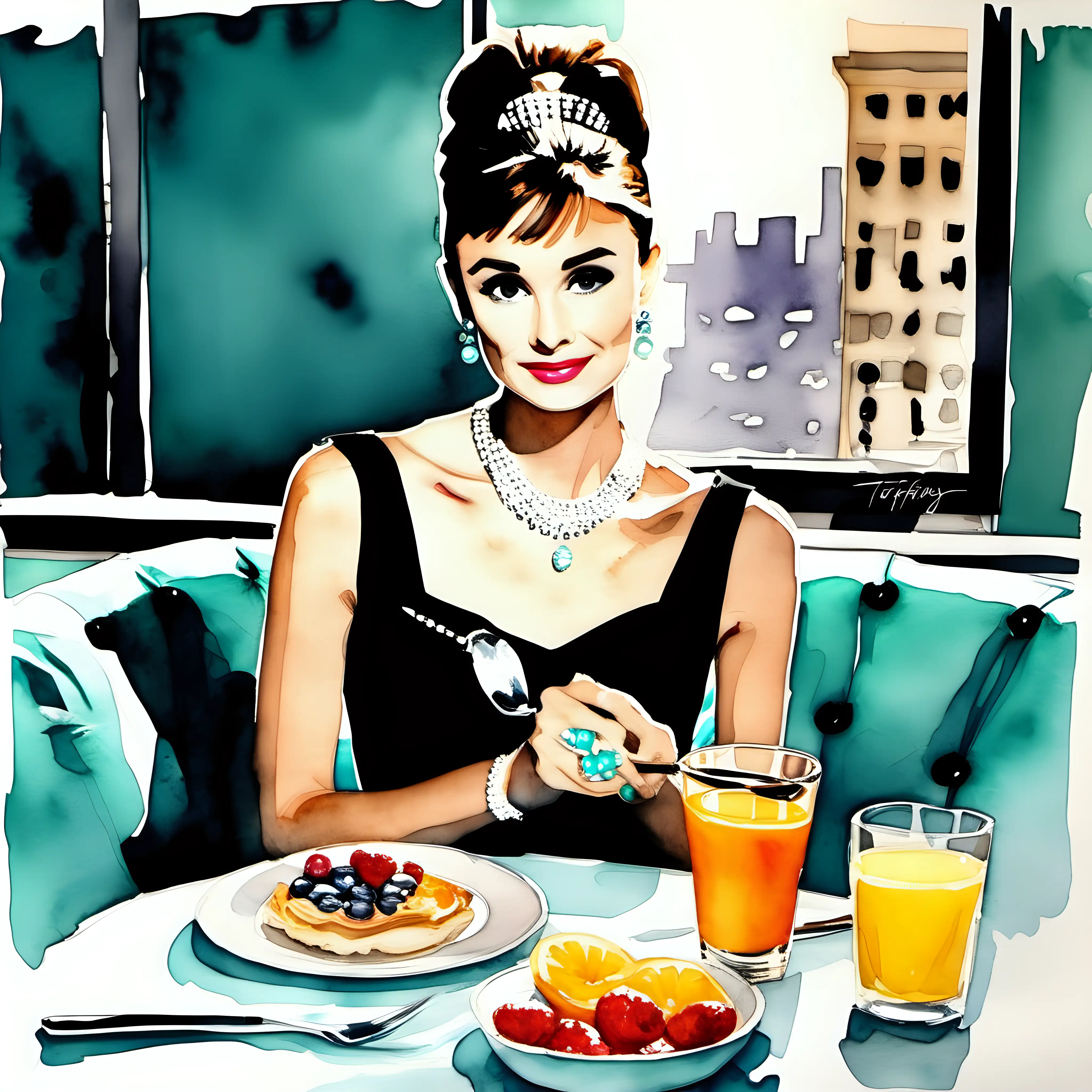 Chic Breakfast at Tiffanys Elegant Watercolor Art of a Stylish Morning