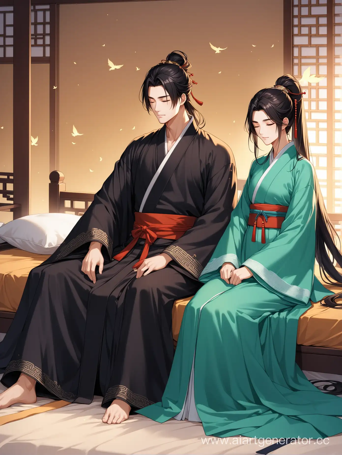 Men sleeping on bed, long high thick ponytail, dark hanfu, and man sitting next, with light hanfu, noble appearance, xianxia 