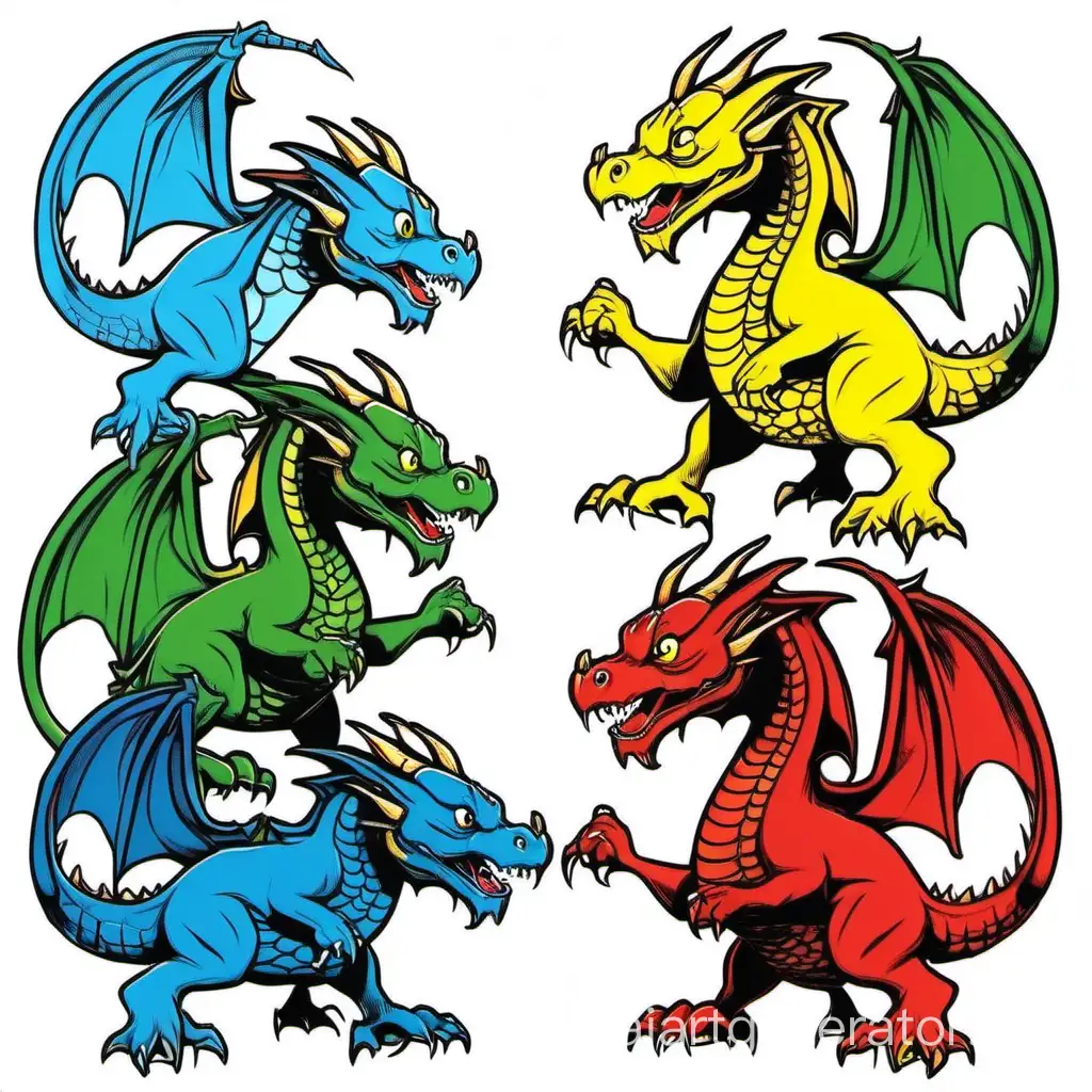 Нарисуй 4 мультяшных дракона. Так, чтобы каждого можно было отдельно обрезать. Синий, красный, жёлтый и зелёный