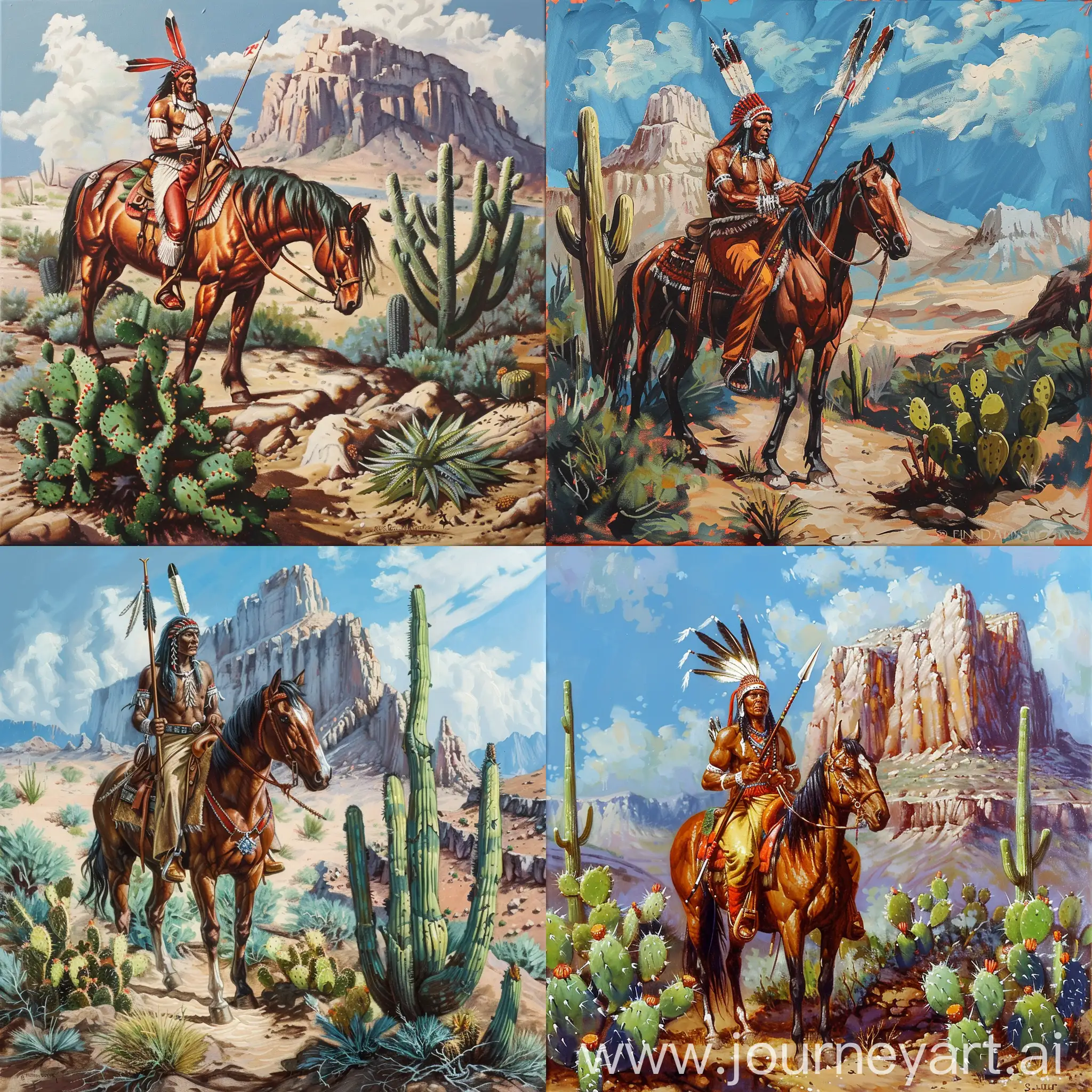 gemaltes Bild, indianer, Pferd, Lanze, Wüste, Kaktus, Hintergrund berg