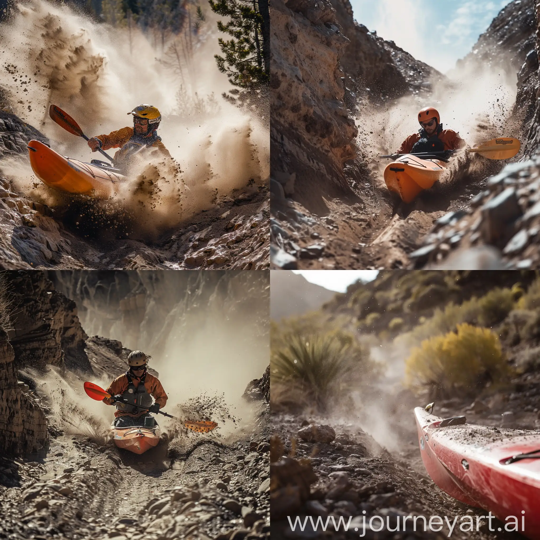 Adventurous-Kayaking-Downhill-on-Dusty-Mountain-Trail