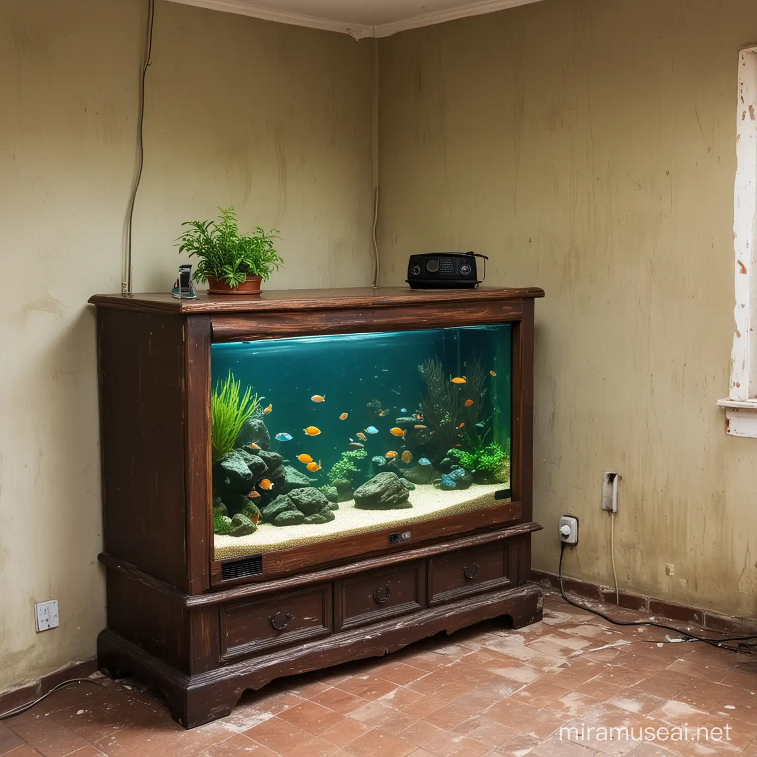 Vintage Televisionshaped Fish Tank in Tranquil Old House Setting