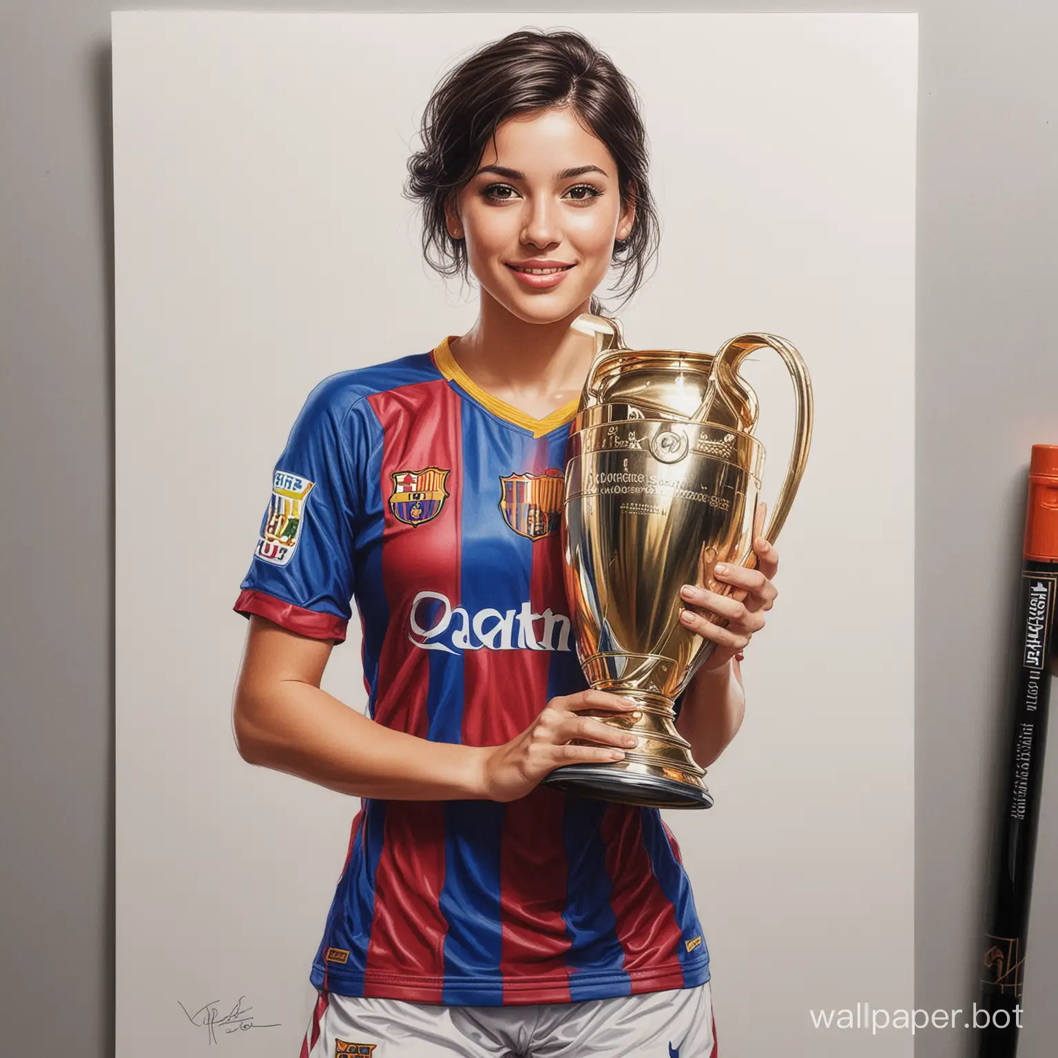 sketch young Veronica Gonzalez 26 years old dark short hair 4 cup size narrow waist in Barcelona football uniform holding a large Champions League trophy white background high realism drawing with colored marker sexy