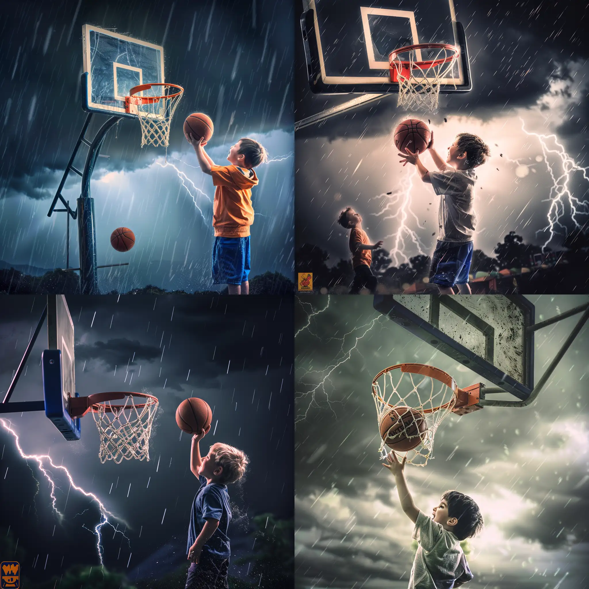 一个小男孩再电闪雷鸣的暴雨天对着篮筐投篮，他很享受这个过程，笑容很治愈