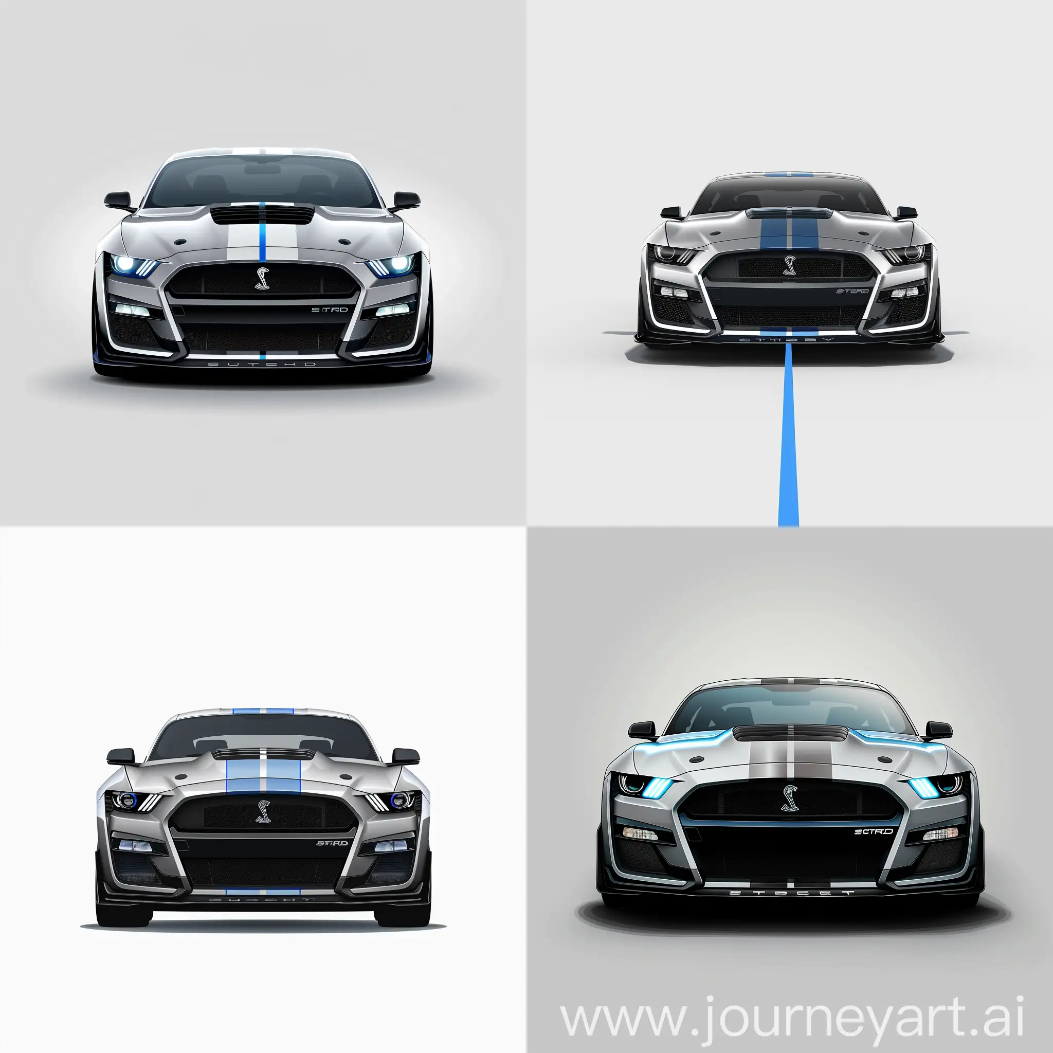 Minimalism 2D Car Front View Illustration of: Silver Ford Mustang Shelby 2023 With Blue Line, Simple White Background, Adobe Illustrator Software, High Precision