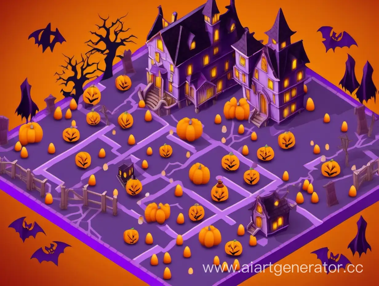 casual isometric map for match 3 halloween with orange and purple colour scheme