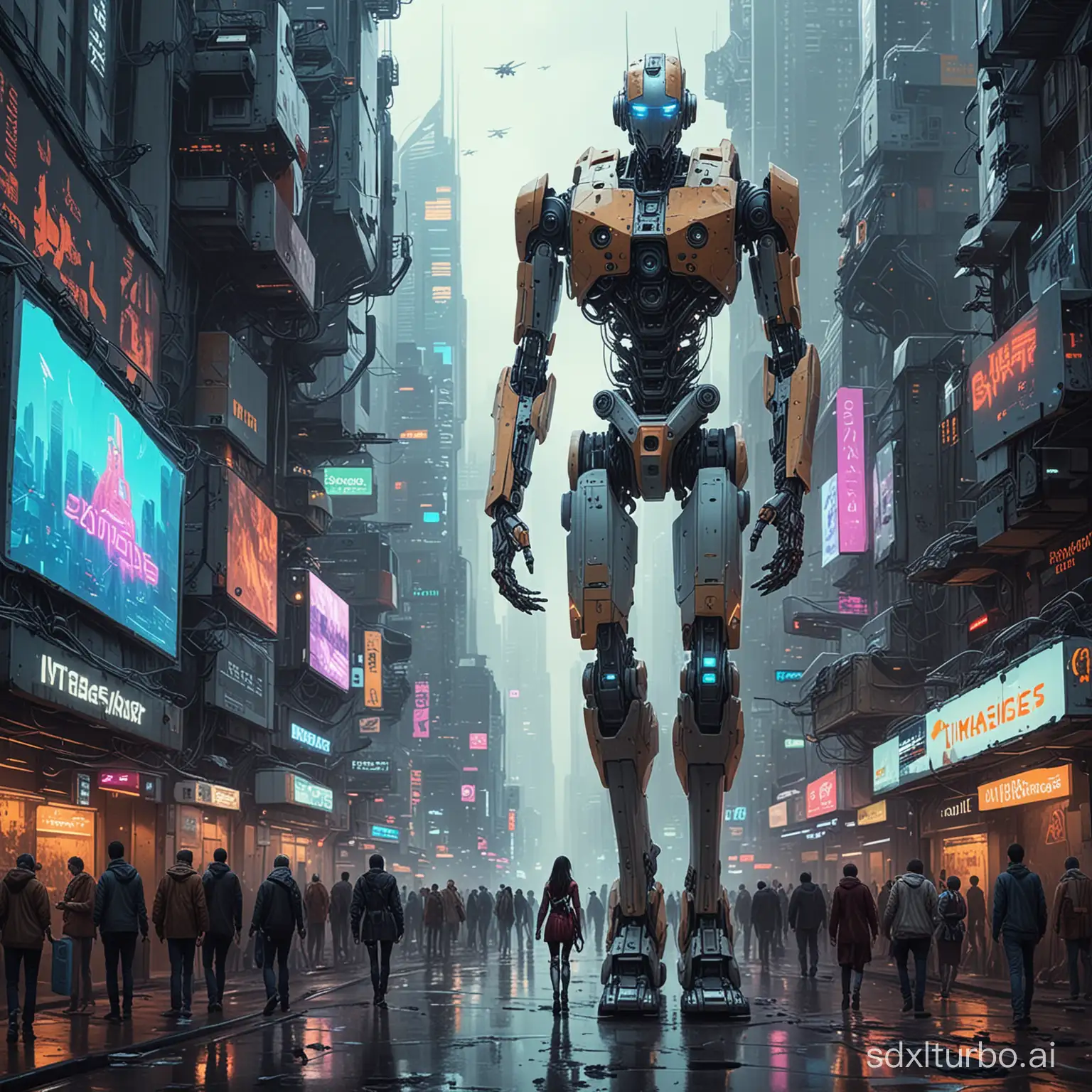 在这幅赛博朋克风格的画作中，我们可以看到一个充满科技感的未来城市。高耸的摩天大楼和闪烁的霓虹灯构成了这个城市的基本轮廓。天空中，无人机和飞行器穿梭其中，形成了一幅繁忙的交通画面。

在画面的中心，我们可以看到一群机器人和人类和谐共处。机器人的外形各异，有的像人类一样拥有四肢和躯干，有的则是各种奇形怪状的设计。他们与人类一起工作、生活，彼此之间没有明显的界限。

在街道上，人们穿着时尚的赛博朋克风格服装，与机器人并肩行走。一些人戴着虚拟现实眼镜，沉浸在虚拟世界中；另一些人则与机器人互动，共同完成任务。在这里，人类和机器人之间的关系不再是对立和排斥，而是相互依赖和共生。

在画面的一角，有一家机器人维修店。店内，机器人和人类技师共同工作，修复和升级机器人。这表明在这个世界中，机器人已经成为了人类生活中不可或缺的一部分，人们已经习惯了与机器人共同生活。

在远处的天空中，一座巨大的广告牌上显示着“机器人与人类共存”的字样，强调了这个主题。整个画面充满了未来科技的氛围，展现了一个和谐共处的机器人与人类世界。

总的来说，这幅赛博朋克风格的画作展示了一个充满科技感的未来世界，机器人与人类和谐共处，共同创造美好的生活。