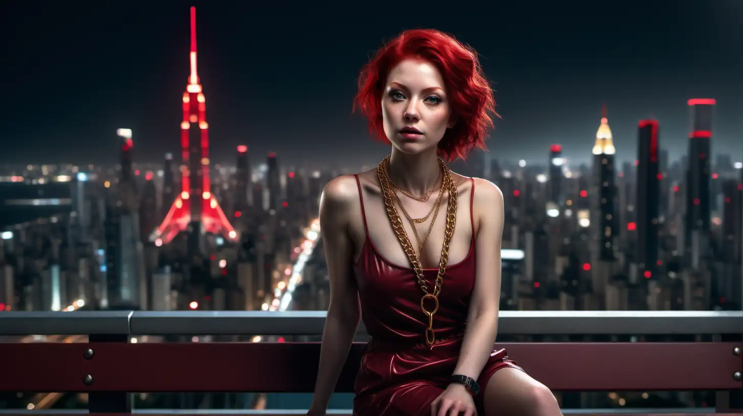ultra-realistic high resolution and highly detailed photo of a female human, with a gold chain with a red ruby around her neck, red hair, sitting on a bench with a futuristic city in the background at night