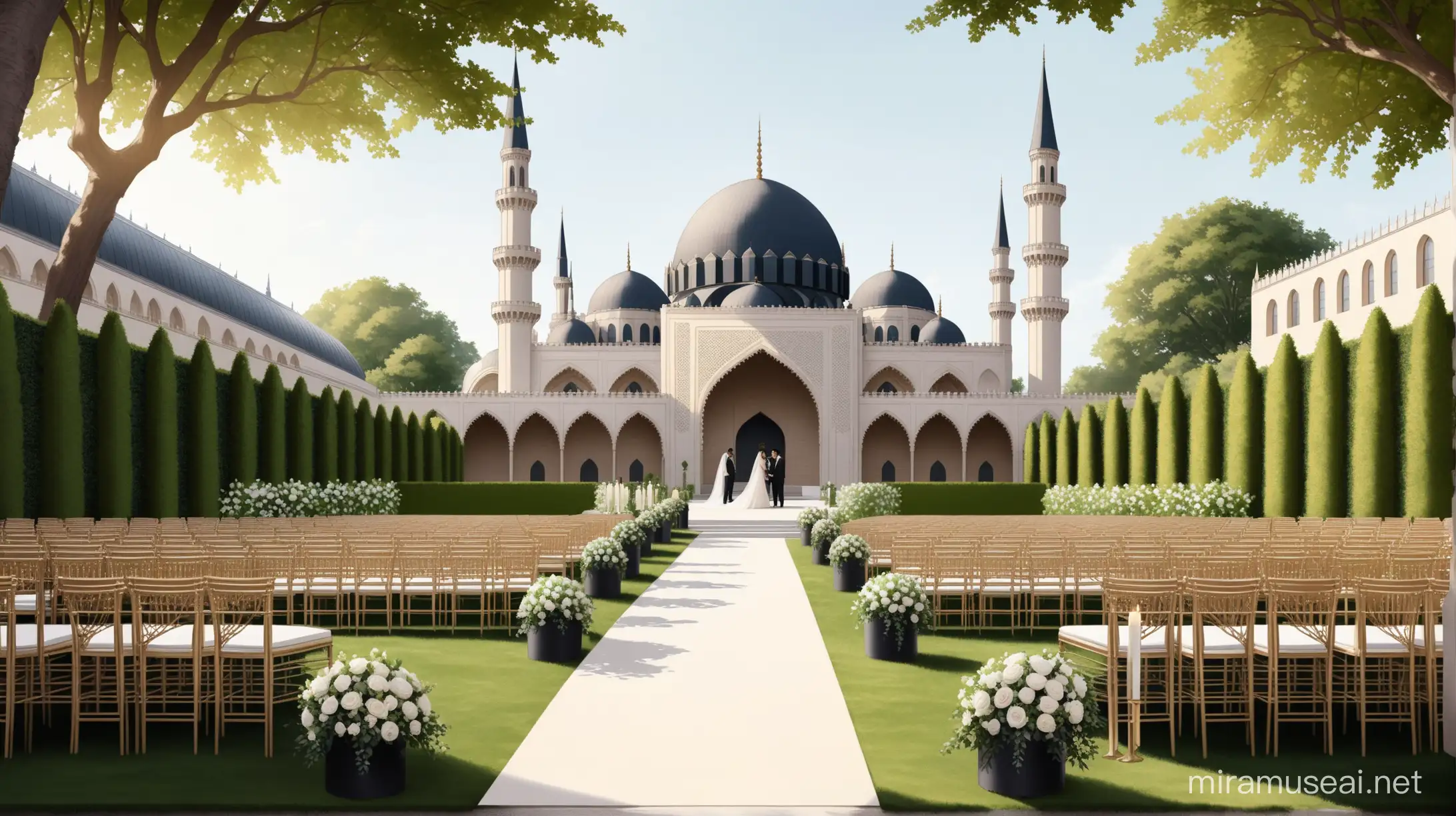 a hyperrealistic image of a grand Modern Parisian garden wedding in a beige oak brass and black colour palette surrounded by beautiful open gardens with mosque background. The guest sitting on the chair in the left and right