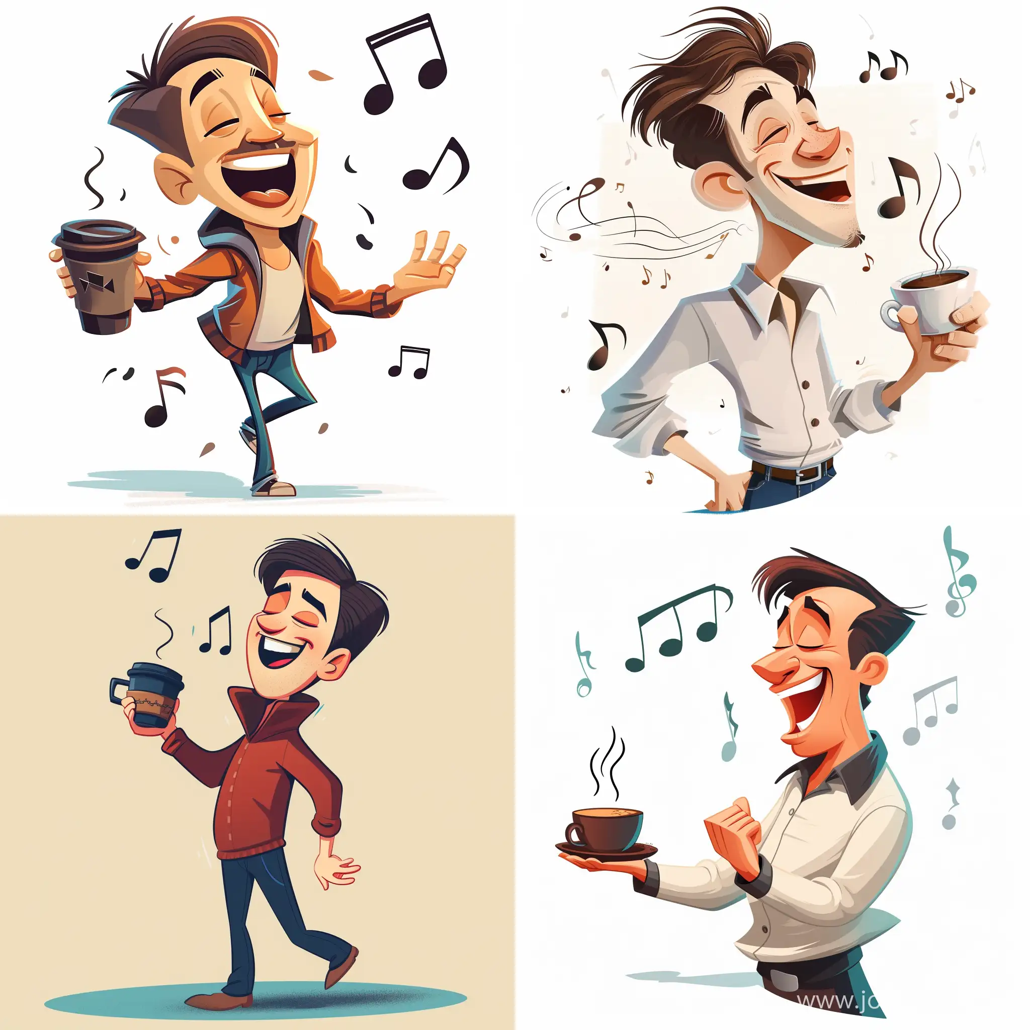 man cartoon Pixar cartoon happy and coffee hand and playing music