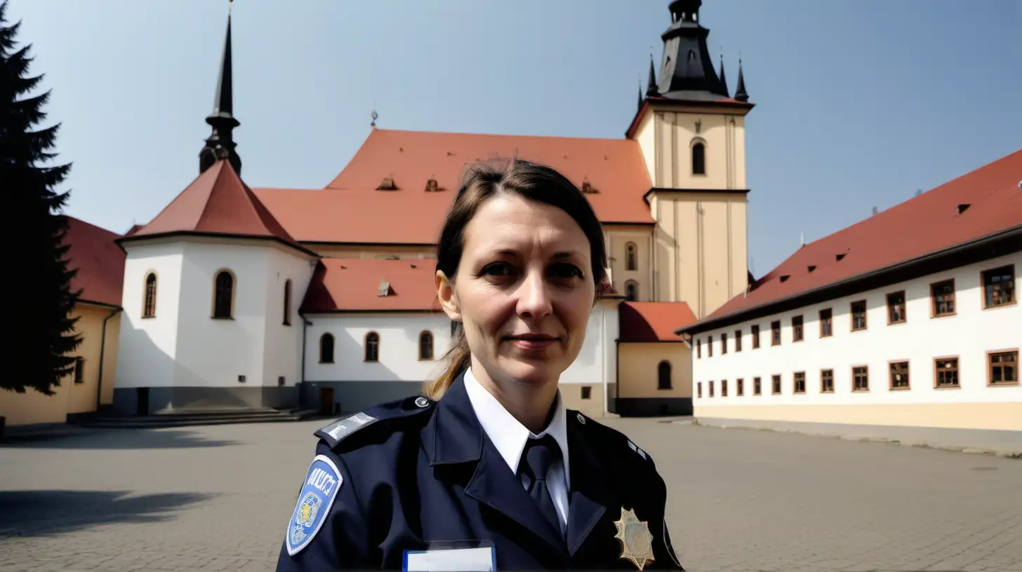 40letá žena, v uniformě policisty České republiky, před klášterem ve městě Sázava, velký celek