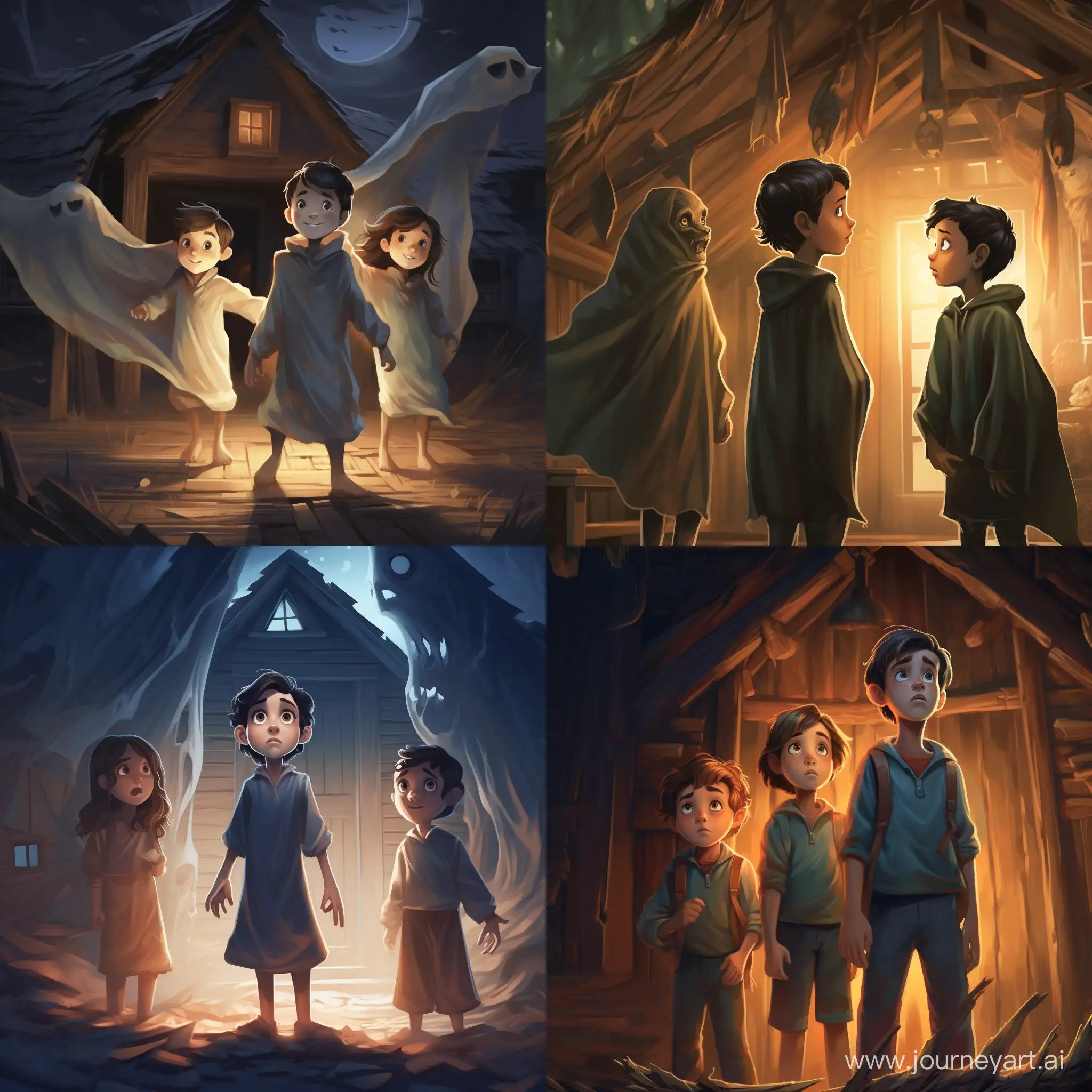 Create an illustration for a children's book, depicting a [Exactly three children standing in an old house] with [ghost in the picture], [haunted house] and a [sense of wonder].