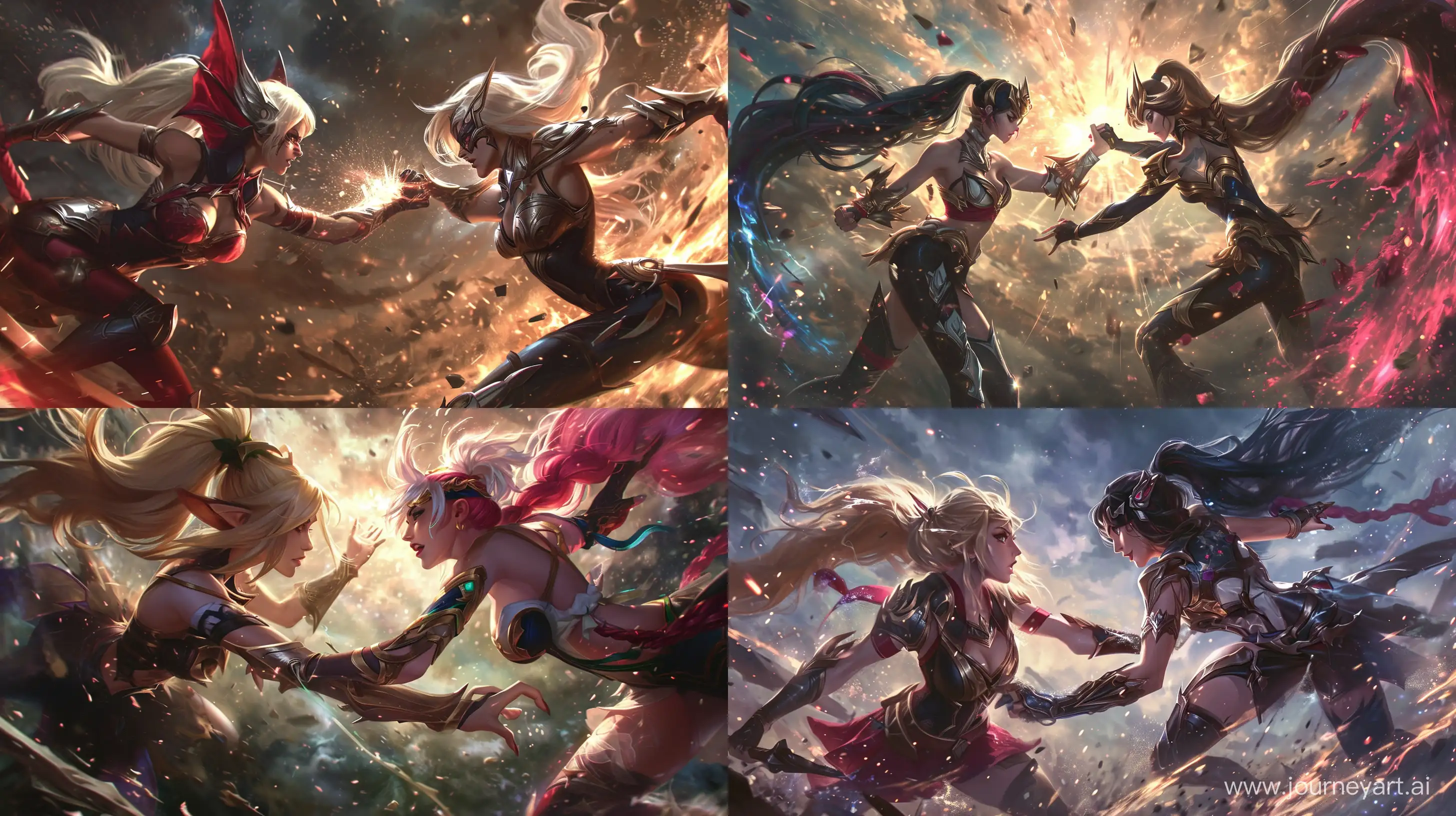 spalsh art, the batter between two female character, epic, best quality. league of legends splash art, dynamic shot, dutch angle, nice color, ultra detailed, anime characters, beautiful, slightly special effect --v 6 --q 2 --ar 16:9