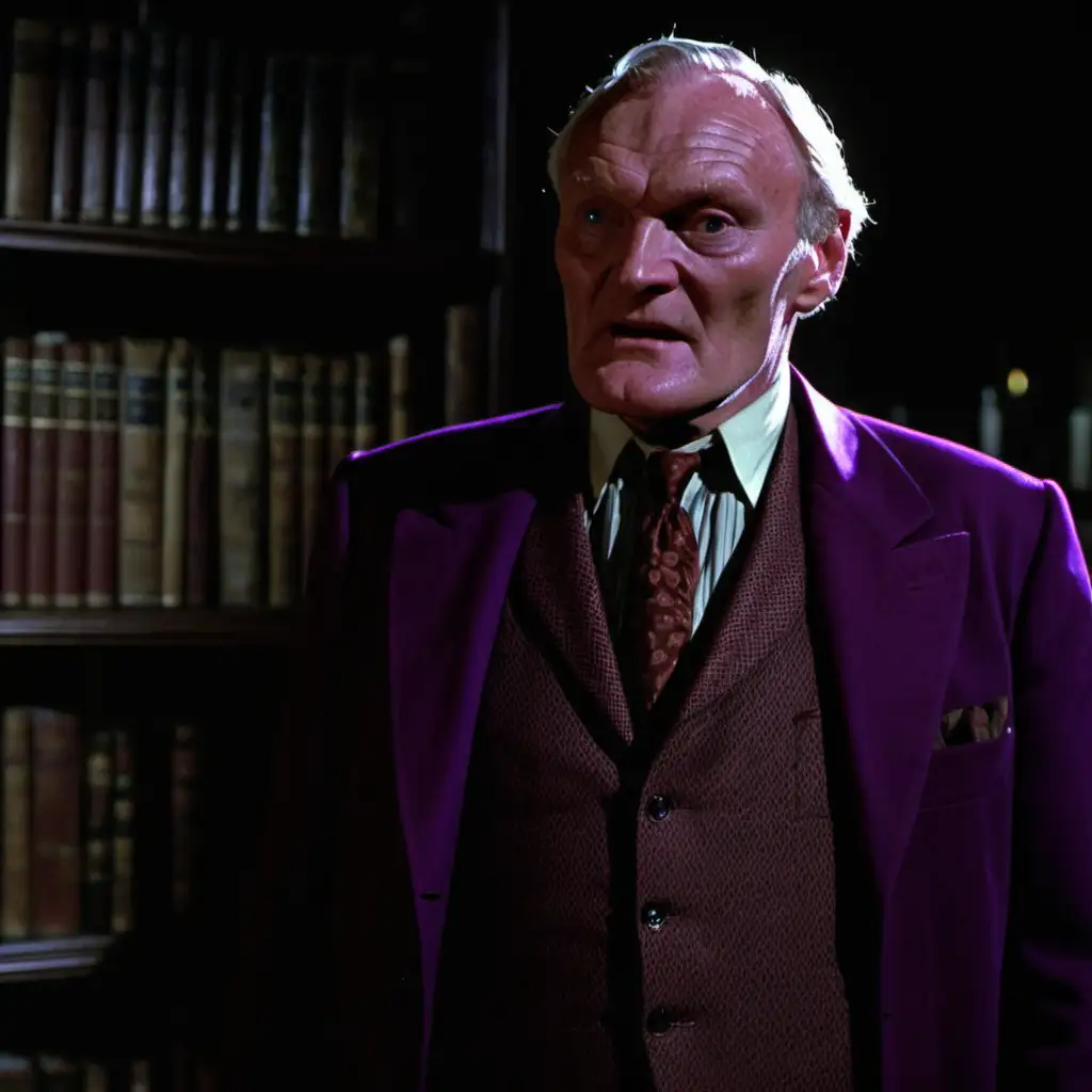 Actor Julian Glover as Professor Plum jacket and tie in dark library of large manor house at night waist up