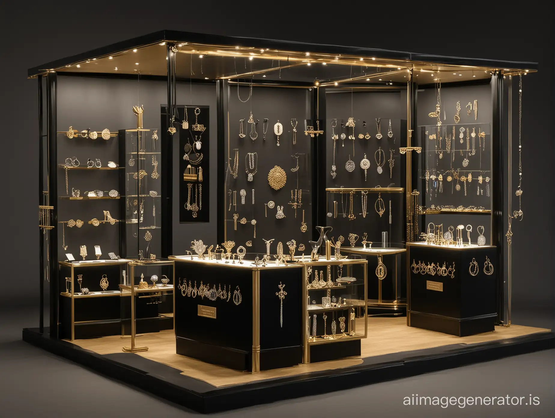 Create a stand for exhibiting jewelry in the style of Master and Margarita in black and gold colors with places for showcases and negotiation spaces.