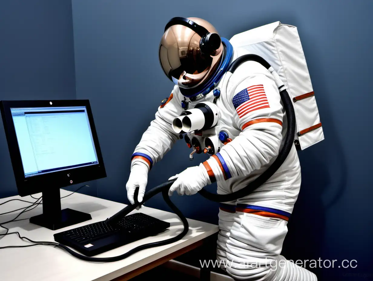 Космонавт пылесосит компьютер
