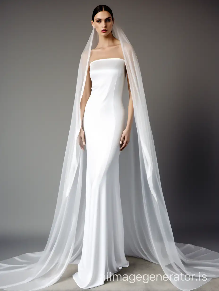 elegant long white silky dress with wide long cape sleeves and shallow neck, decorated with a transparent draped white veil. high-quality, detailed, elegant, ethereal,  RAW. straight neckline 