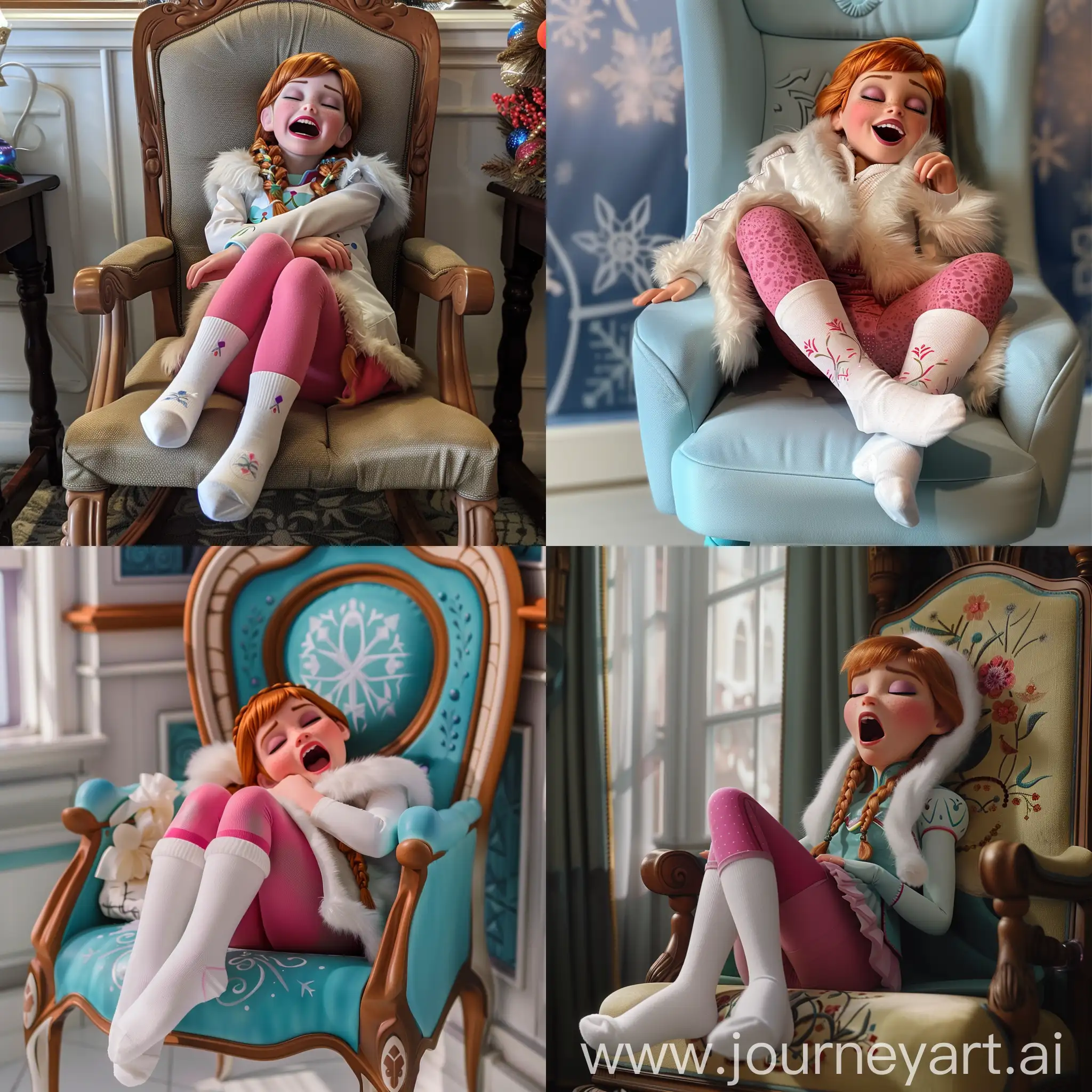 Anna frozen wearing white sock and pink legging, sleeping on her chair with mouth open