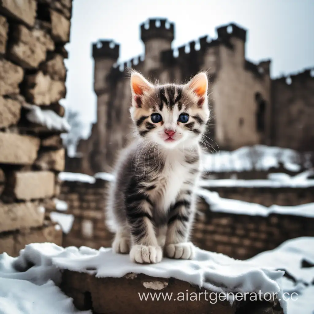 котенок зимой на развалинах замка