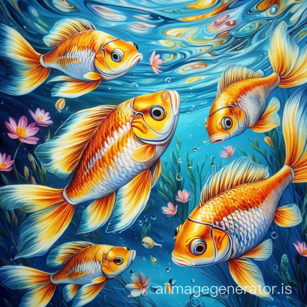 fish in clear water with vibrant flower oil painting colors