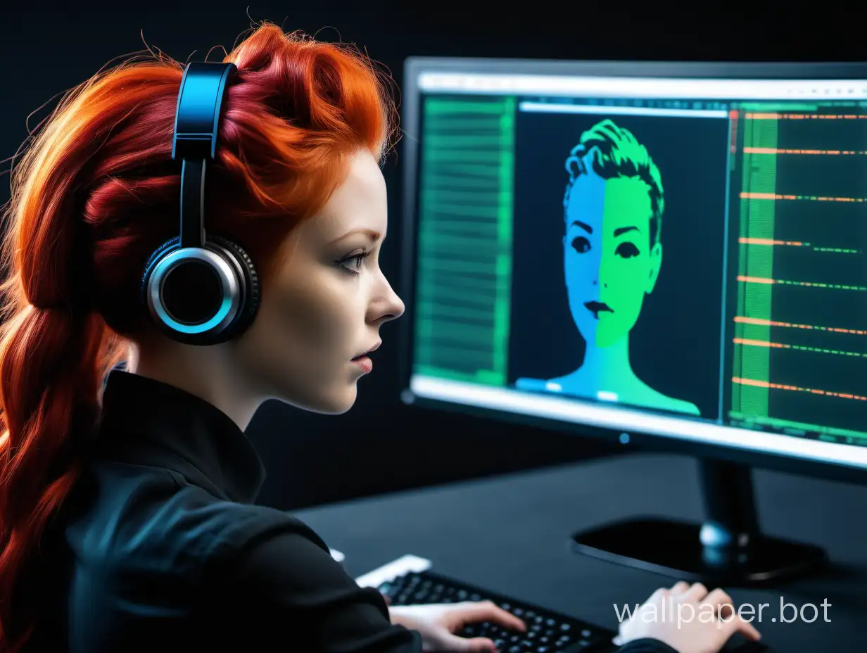AI voice assistant, in the frame a female programmer with red hair from the back, microphone, code on the screen, monitor not big, colors black, green, blue, orange