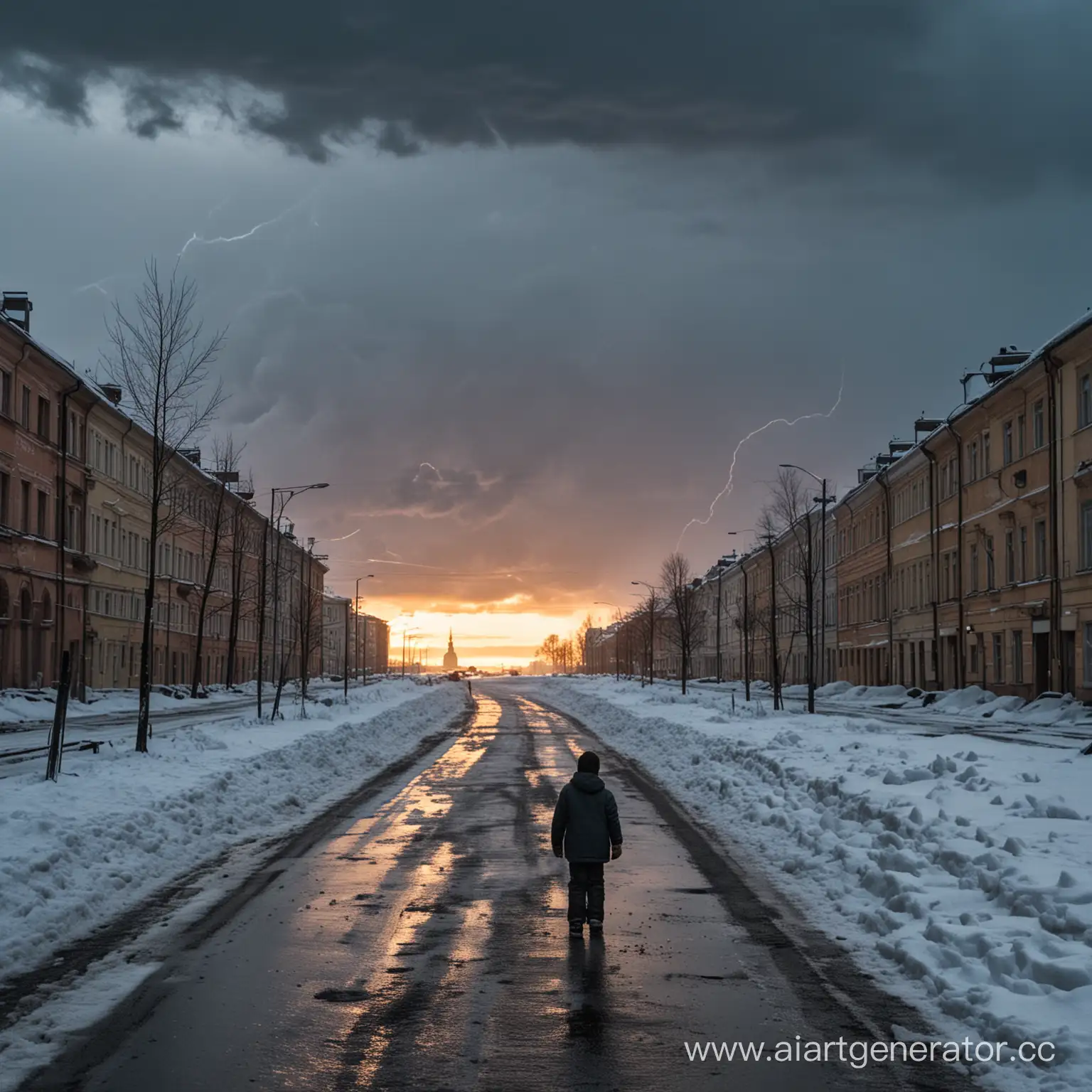 Winter. There is a lot of snow in the city. In the center is the silhouette of a boy of about seven years old, looking at the sky in a modern city of the Leningrad region. A fire is burning all around, a flood wave is rising from the right, a hurricane is rushing menacingly from above, lightning flashes in the sky, the asphalt is cracking.