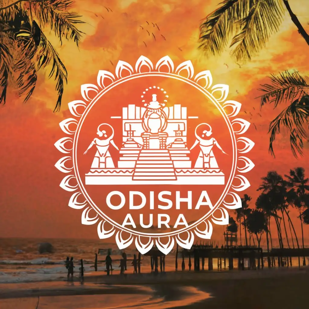 a logo design,with the text "Odisha aura", main symbol:famous Konark Sun Temple, traditional Odissi dance poses, palm trees representing the coastal landscape, and vibrant colors like orange, red, and yellow to reflect the rich cultural heritage and vibrant atmosphere of Odisha,Moderate,clear background