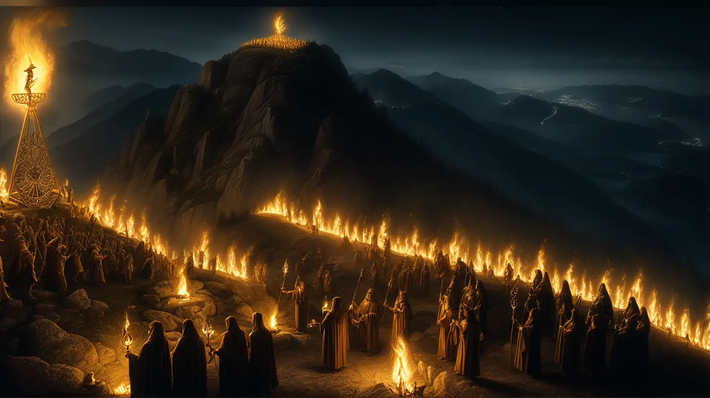 epoque biblique, sur une montagne, la nuit, des torches, des feux, des idoles en or, des ombres qui dansent autour des idoles en or, rituel satanique
