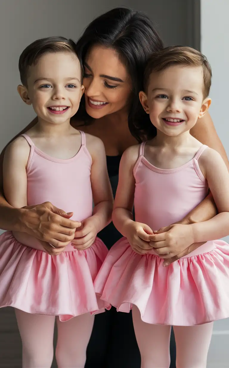 Gender role-reversal, Photograph of a mother dressing her two young sons, boys, age 6 and 8 respectively, up in pink ballerina dresses and tights, adorable, perfect children faces, perfect faces, clear faces, perfect eyes, perfect noses, smooth skin