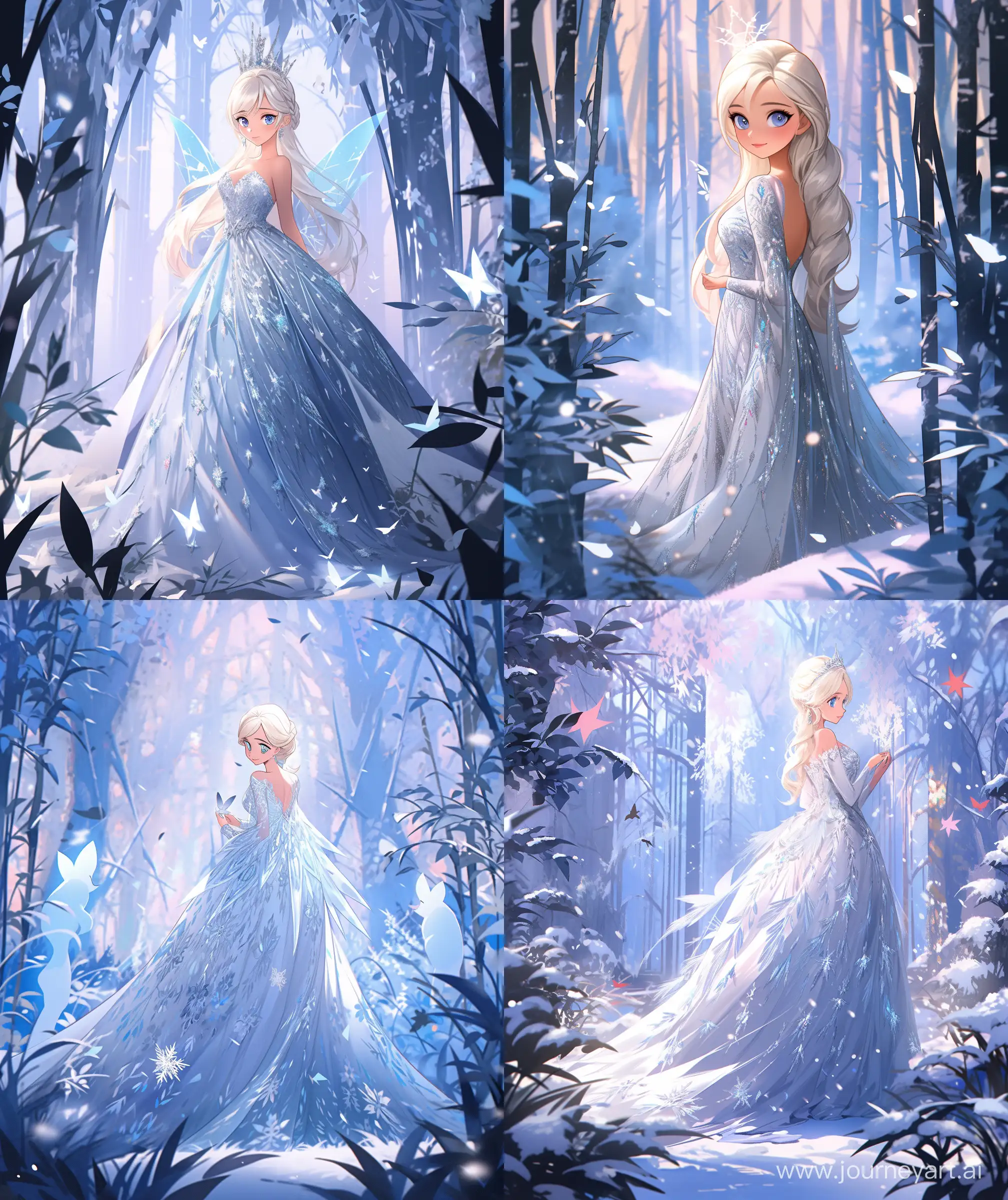 anime scenary, Disney princesses Elsa in leaf village, cute troll , playing , gorgeous look Elsa, glistening atmosphere, happy, beautiful snowy dress, sunlight,blue sky High quality, Ultra HD, --ar 27:32 --niji 5