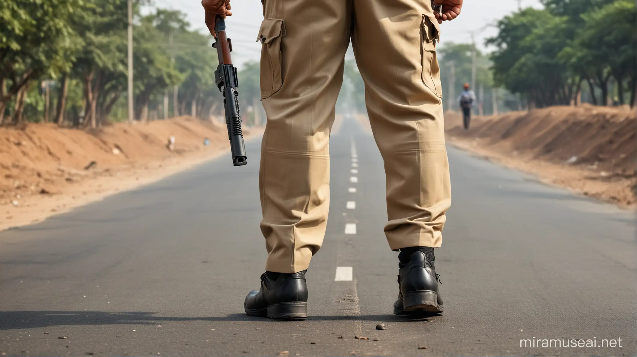 Indian police man standing on indian road, gun in hand, image shot from behind, focus on gun