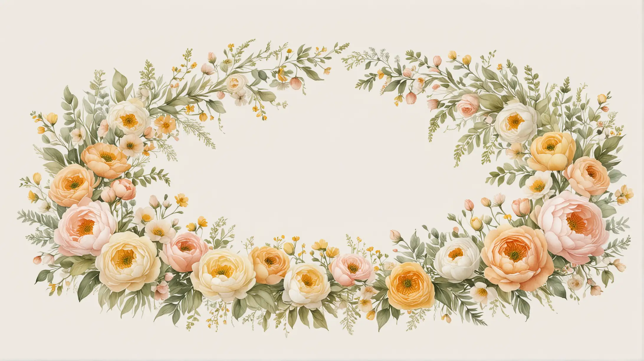 soft watercolor with white background hand painted Semi-circular arched flower garland minimalist of Ranunculus, Peonies,roses, Bunny tails , Ballerina Rose ,grass flower,in the style of light yellow and superlight orange Victorian style,Neutral color tone, white background, 8K resolution
