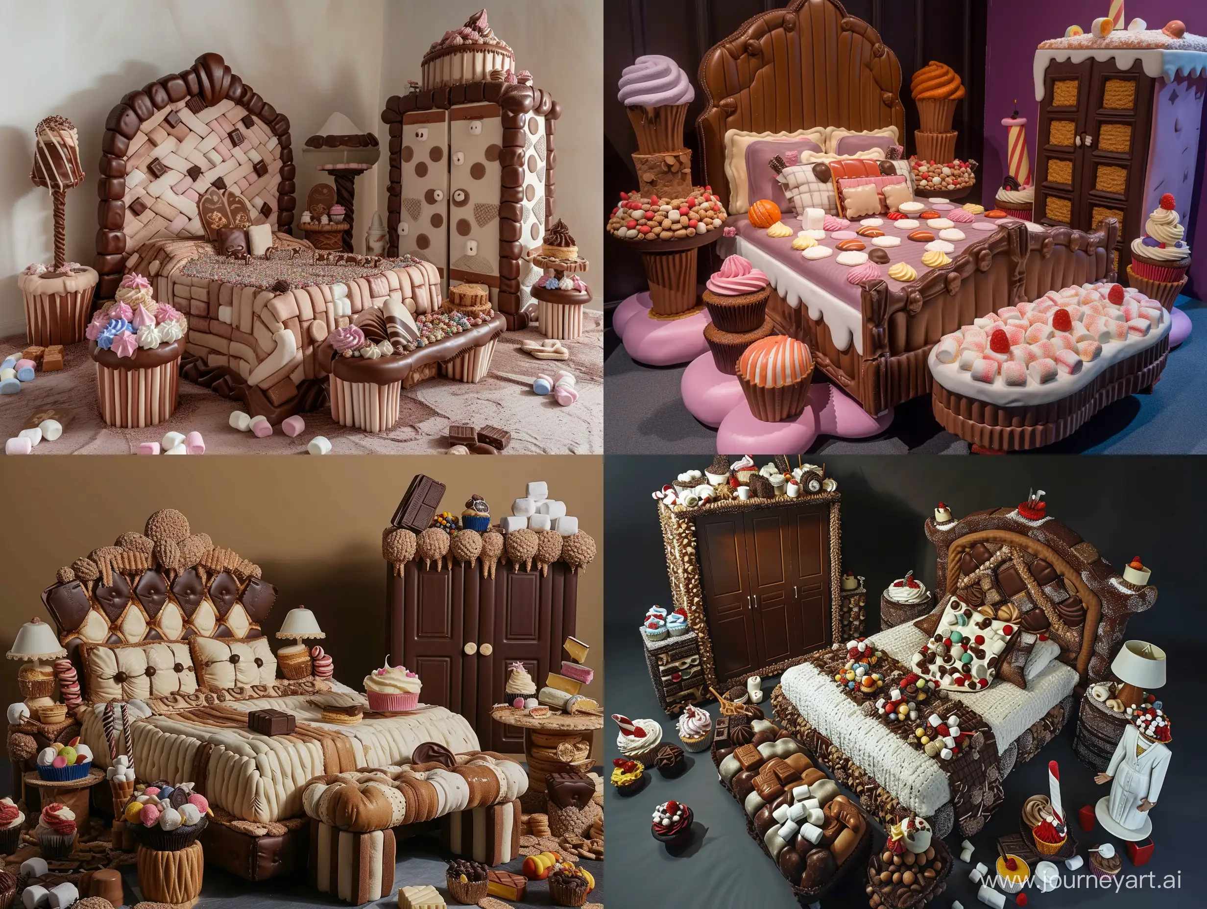 bedroom made up of desserts, chocolates, cupcakes, cakes, marshmallows, ice-creams, dessert bed, side-tables, bed-bench, wardrobe, all made out of desserts and baking goods