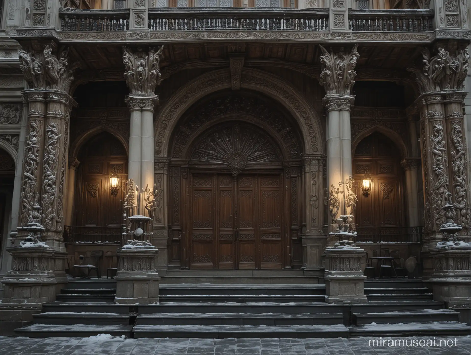 medieval, beautiful, gothic, street view, street view, full building, symmetric, standalone, intricate, snow covered, outside, full exterior of theater house made of wood, ornate, flower carvings, animal carvings, columns, silver plating, massive central stair case, dark, imposing, stylized, oil painting, 4k, beautiful lighting