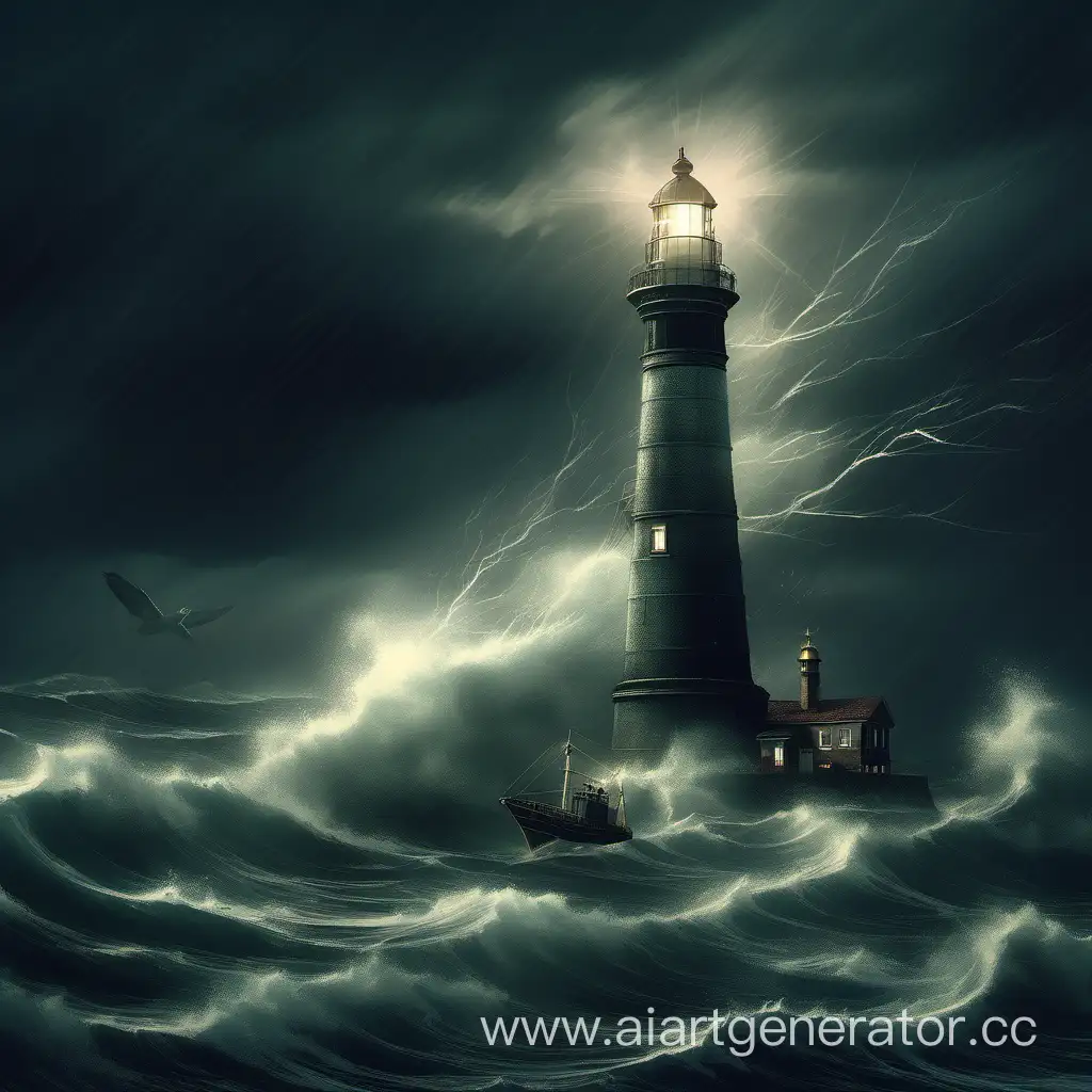 Маяк стоит на берегу моря, шторм, и  корабль который потерялся в море и он освещает ему путь 
