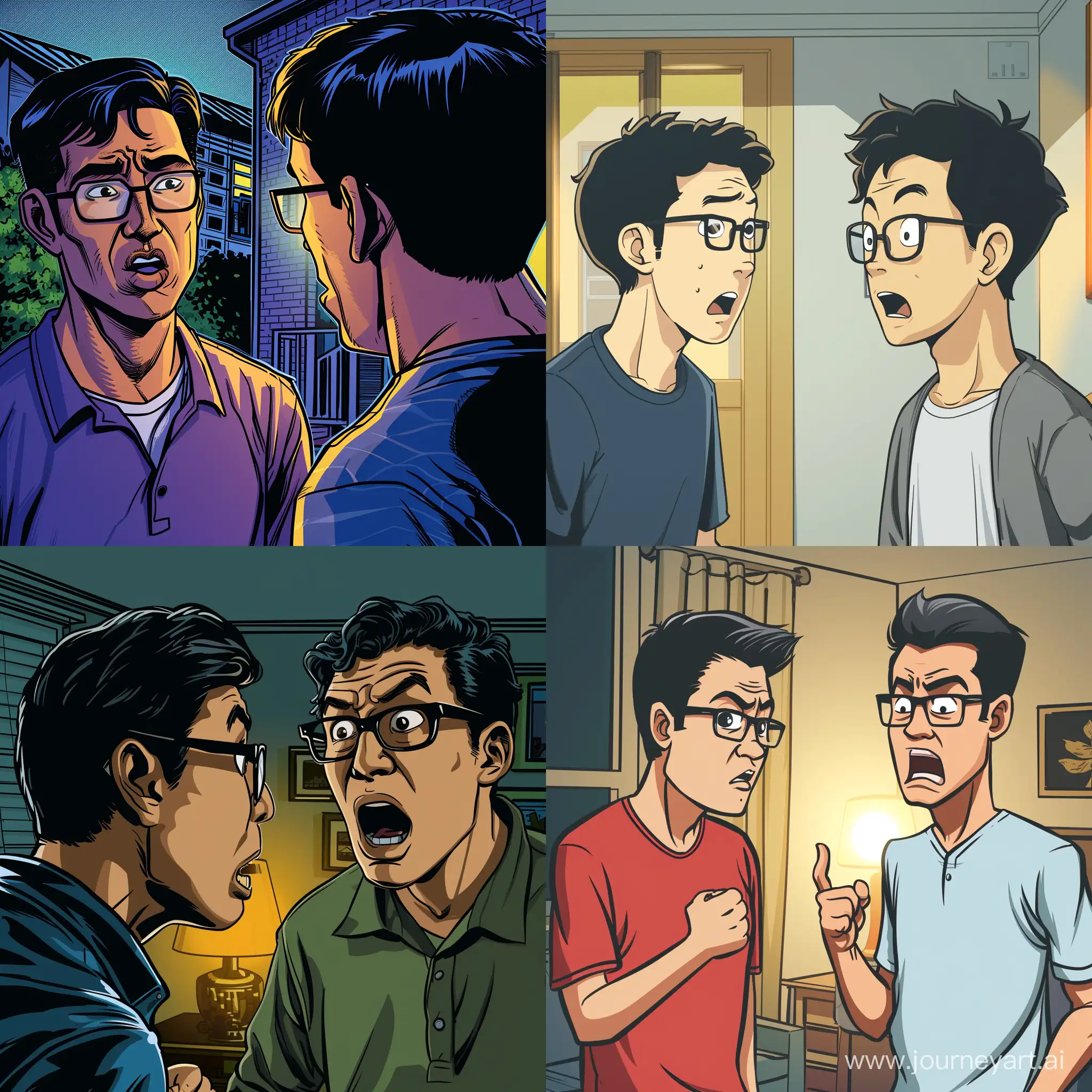 Angry-Asian-Man-Complaining-to-Neighbor-in-Glasses-Near-Apartment