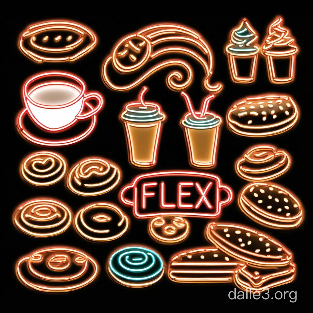 flex LED neon sign on transparent backing , coffee and pastries, on a black background