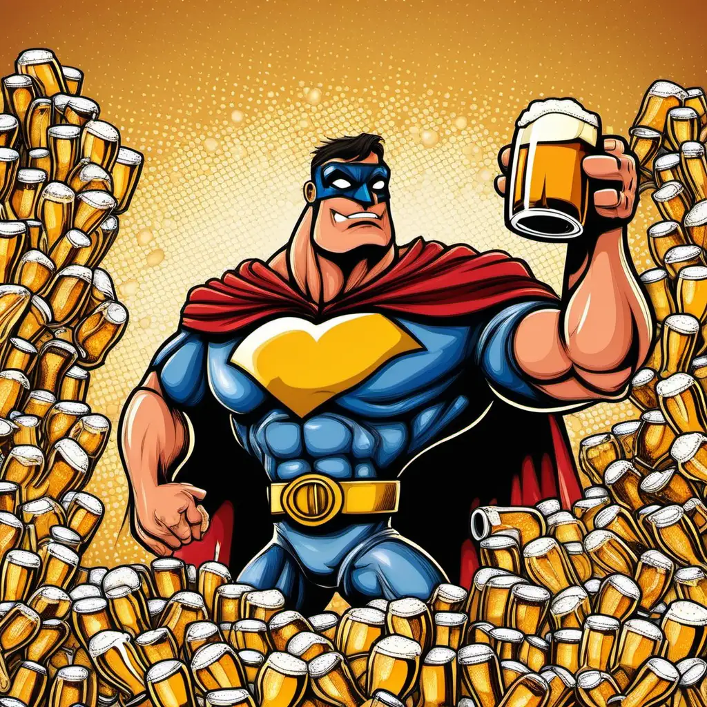 A superhero (Beerman) drinking a lot of beer (cartoon style)