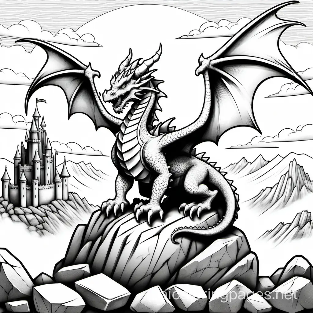 realistic one body dragon with TWO head and necks atop a pile of Boulder rocks with its wings stretched  out, a Castel on top of a mountain  under a partly cloudy sky, Coloring Page, black and white, line art, white background, Simplicity, Ample White Space. The background of the coloring page is plain white to make it easy for young children to color within the lines. The outlines of all the subjects are easy to distinguish, making it simple for kids to color without too much difficulty