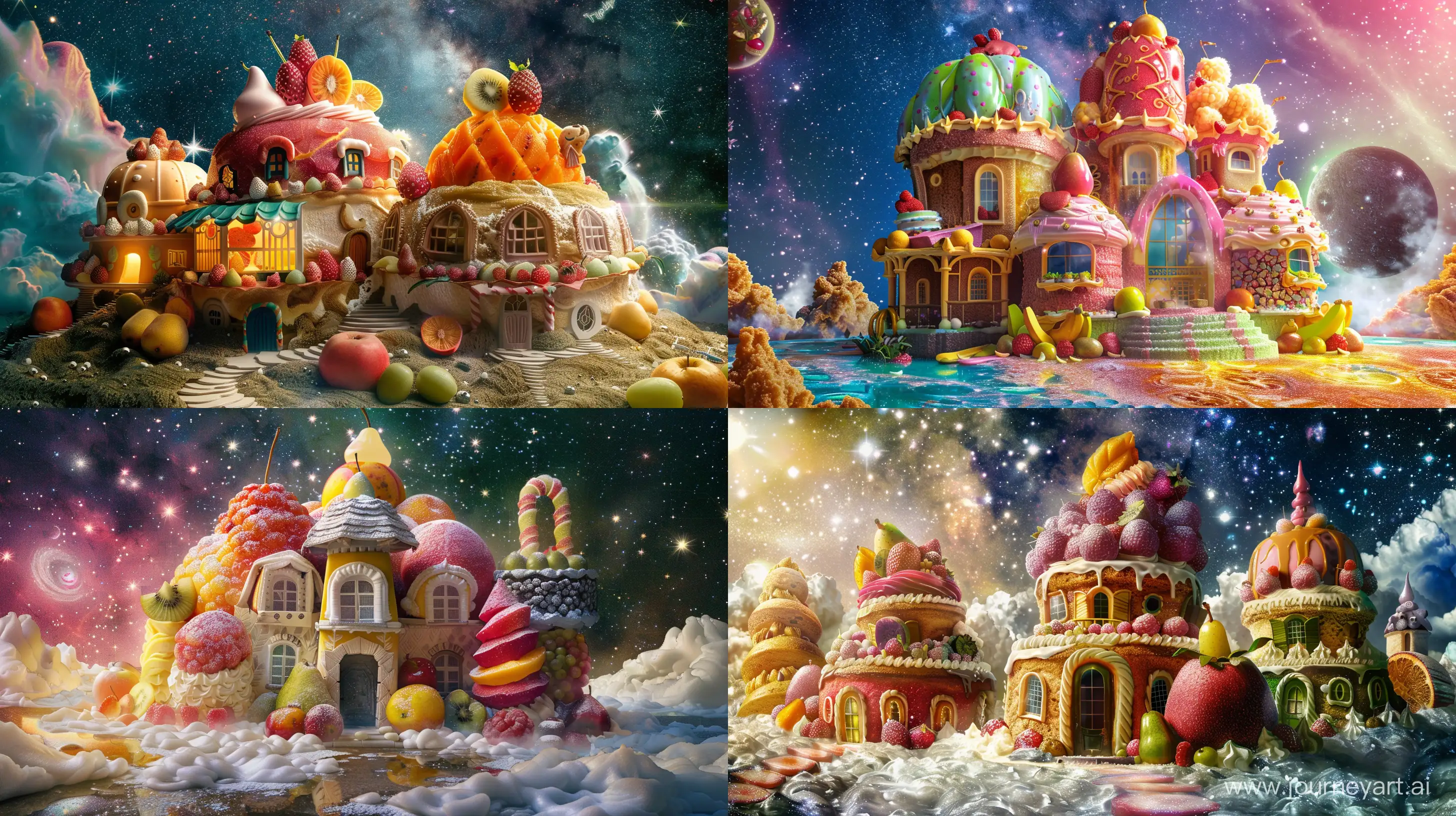 big house in the shape of cakes and fruits, in the galaxy, beautiful, colorful, fantasy style, realistic --ar 16:9