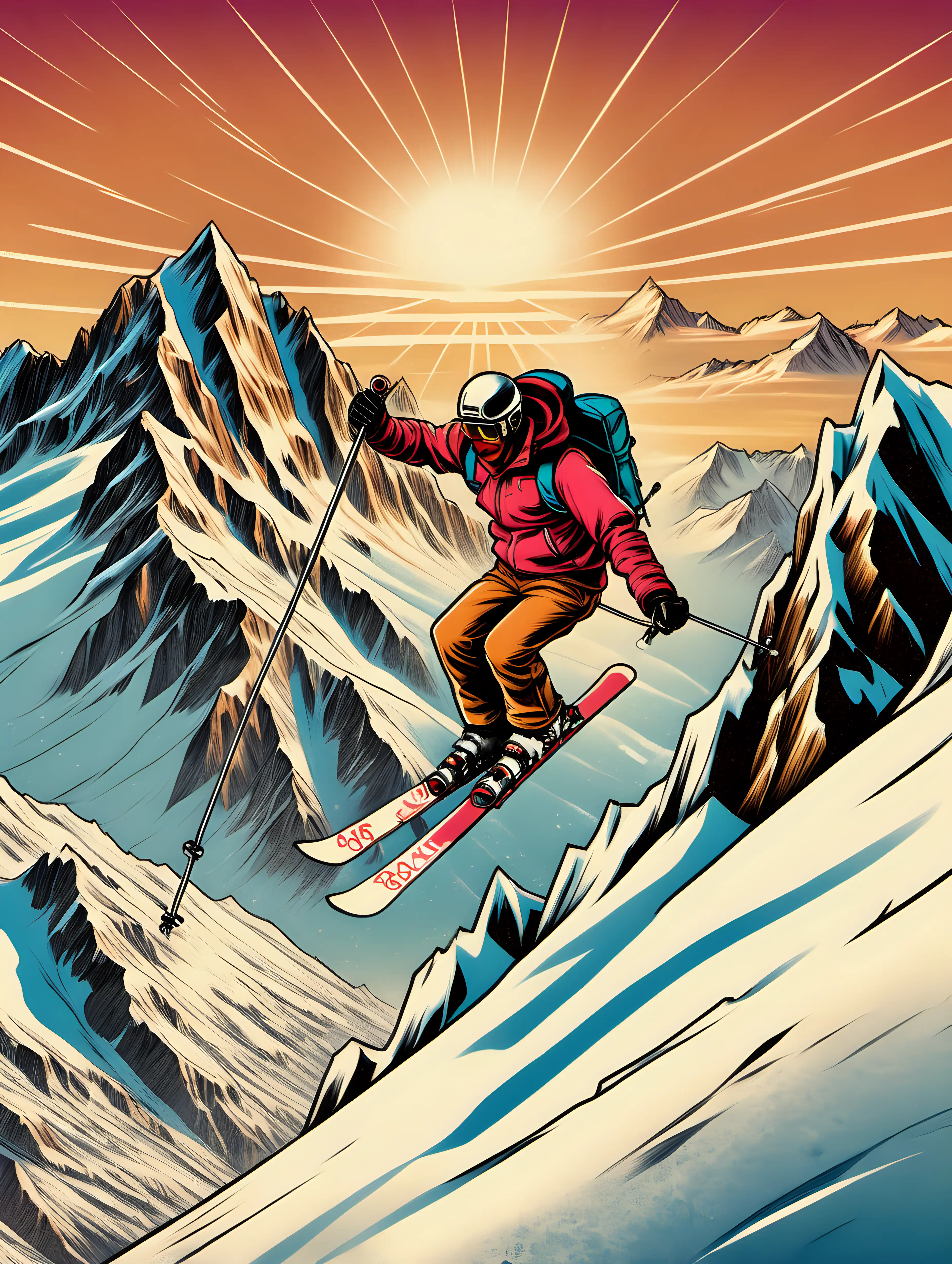 un skieur qui fait une chute en vol dans de la neige poudreuse, les montagnes escarpées enneigées.
un dessin avec ambiance vintage année 80
un baton dans chaque main, un ski à chaque pied
coucher de soleil
mont blanc en arrière plan