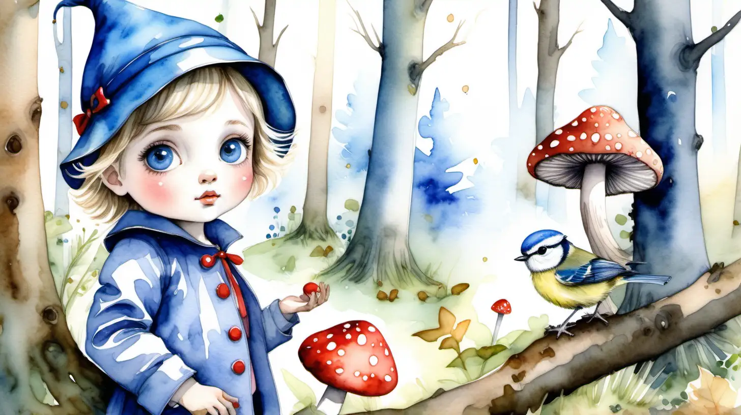 A watercolour fairytale picture. In the woods. A dark blond baby girl with short hair and blue eyes wears a toadstool colored hat. A bluetit is in a tree. In text write Lillie McCree in the Centre of the picture
