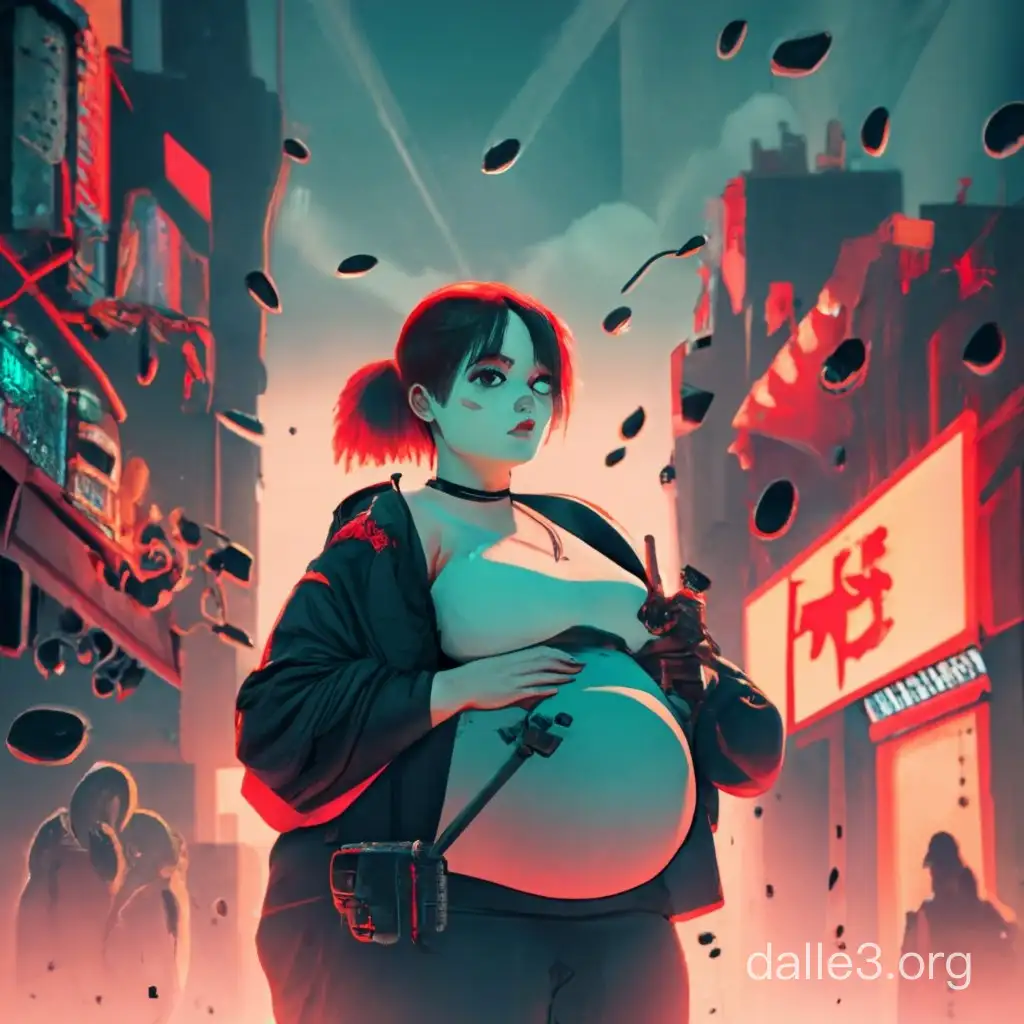 huge fat obese girl, with big  pregnant Bulging and hanging belly. among androids and ruins of the city, black sniper rifle, red stars in the sky, black hair and red eyes, a girl with red android eyes, with wires around her neck, looking gloomy, with fox ears and tail, dressed in a black summer windbreaker with red stripes on edge, 2 mechanical cameras, full body, with a little rain, expression 🥵, there are black stars